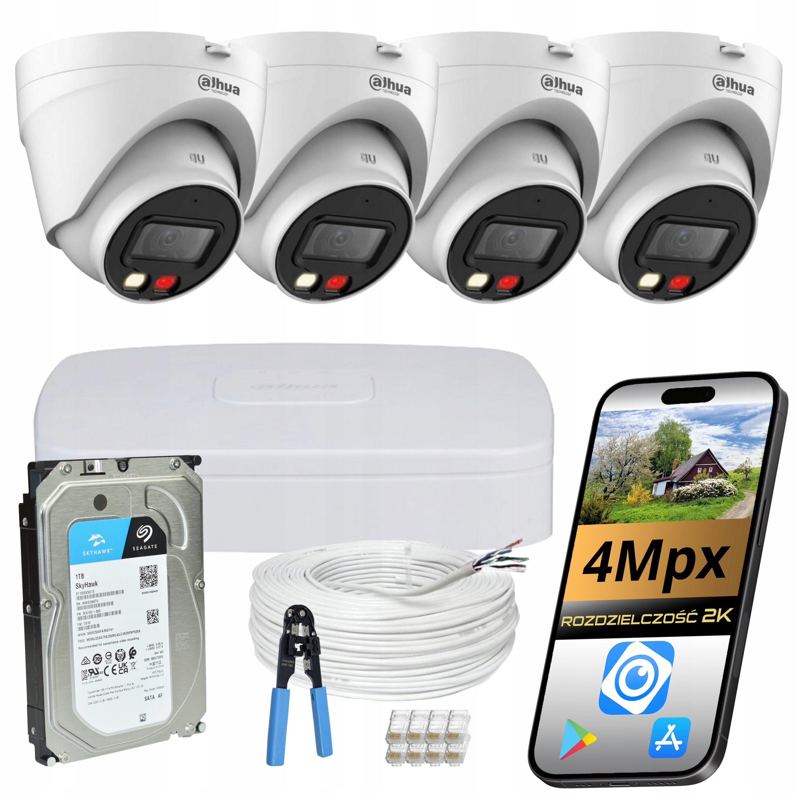 Kompletné Ip Monitorovanie PoE Dahua 4 Kamery 4 Mpx Vonkajšie Dual Led Disk