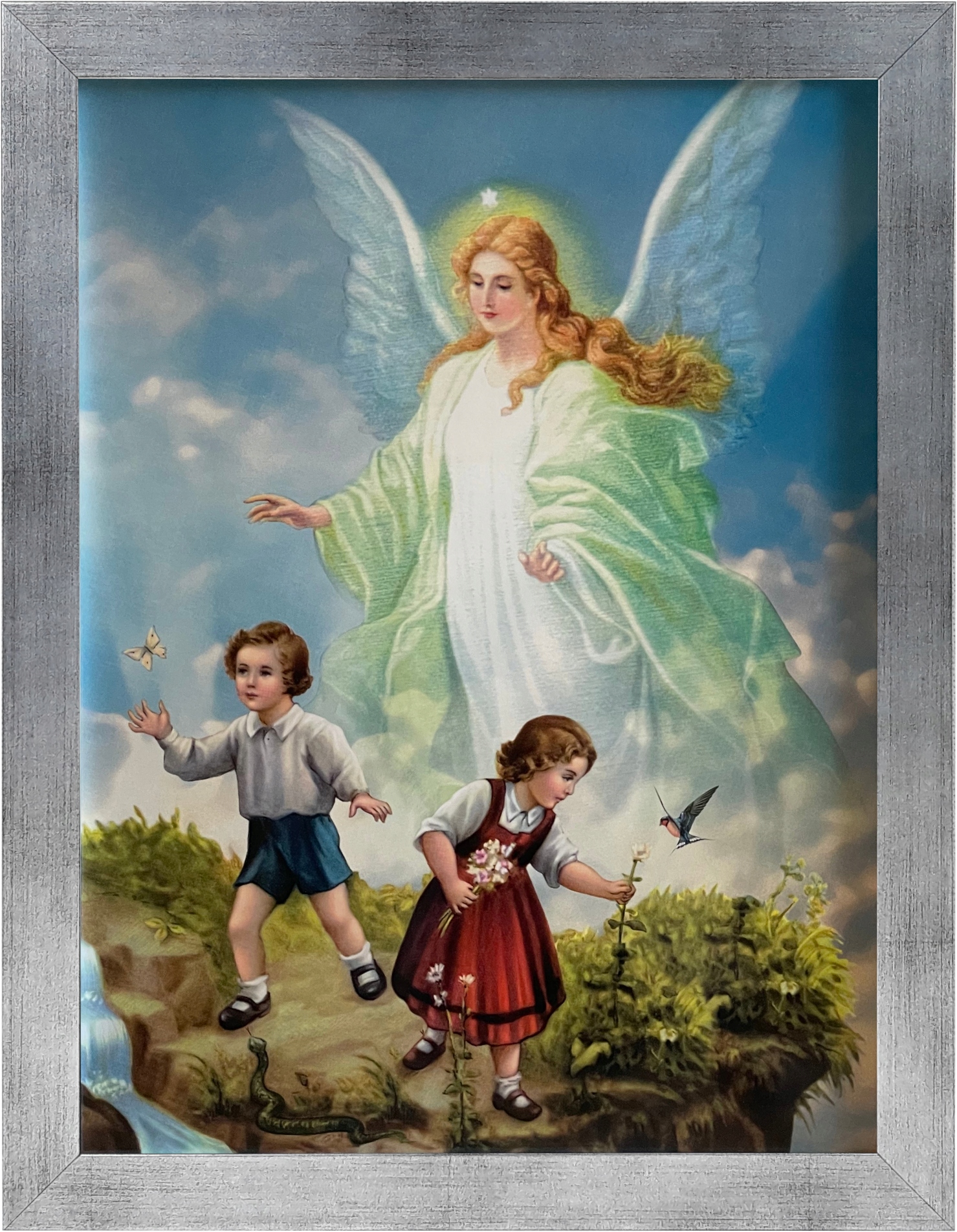 OBRAZ 45x35 ANIOŁ STRÓŻ ANIOŁEK SREBRNA RAMA