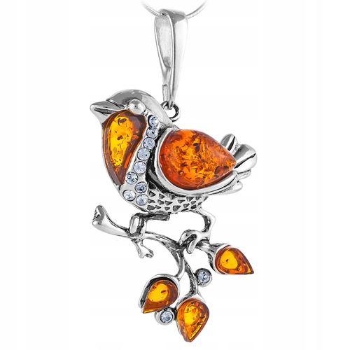 Stříbrný Přívěsek Vrabeček ptáček přívěsek s Jantarem Baltský stříbro 925