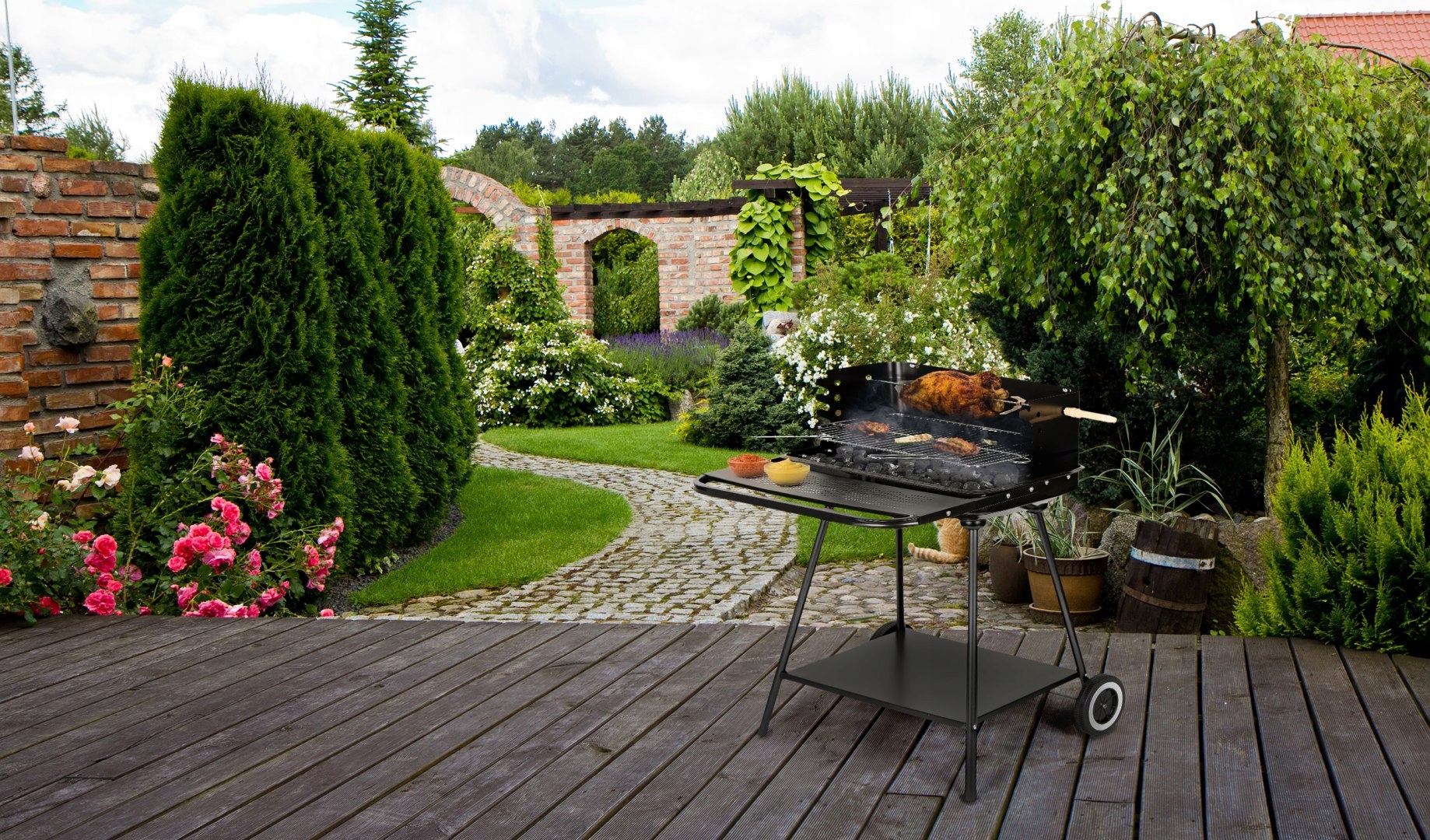 Grill ogrodowy z rożnem i regulacją rusztu + dwie duże półki Stan opakowania oryginalne