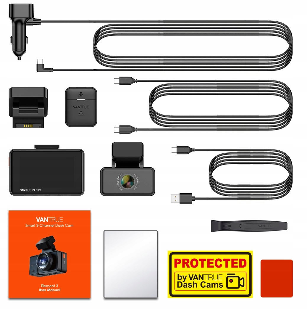 VANTRUE E2 REJESTRATOR 2CH 1440P 2.5'' + 256GB ACC Zasilanie gniazdo zapalniczki samochodowej