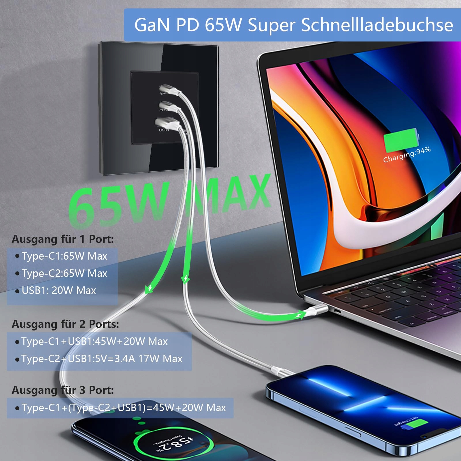 TAWOIA Gniazdko Schuko 65W USB C Szybkie Ładowanie Czarny Szklany Panel — miniatura 5