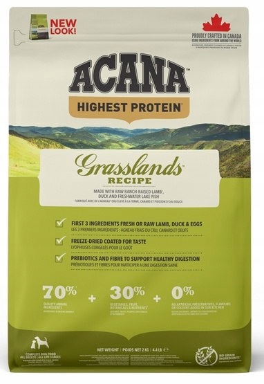 Levně Acana Highest Protein Grasslands Dog 2kg Krmivo pro psy s vysokým obsahem proteinu, jehněčí a ryba