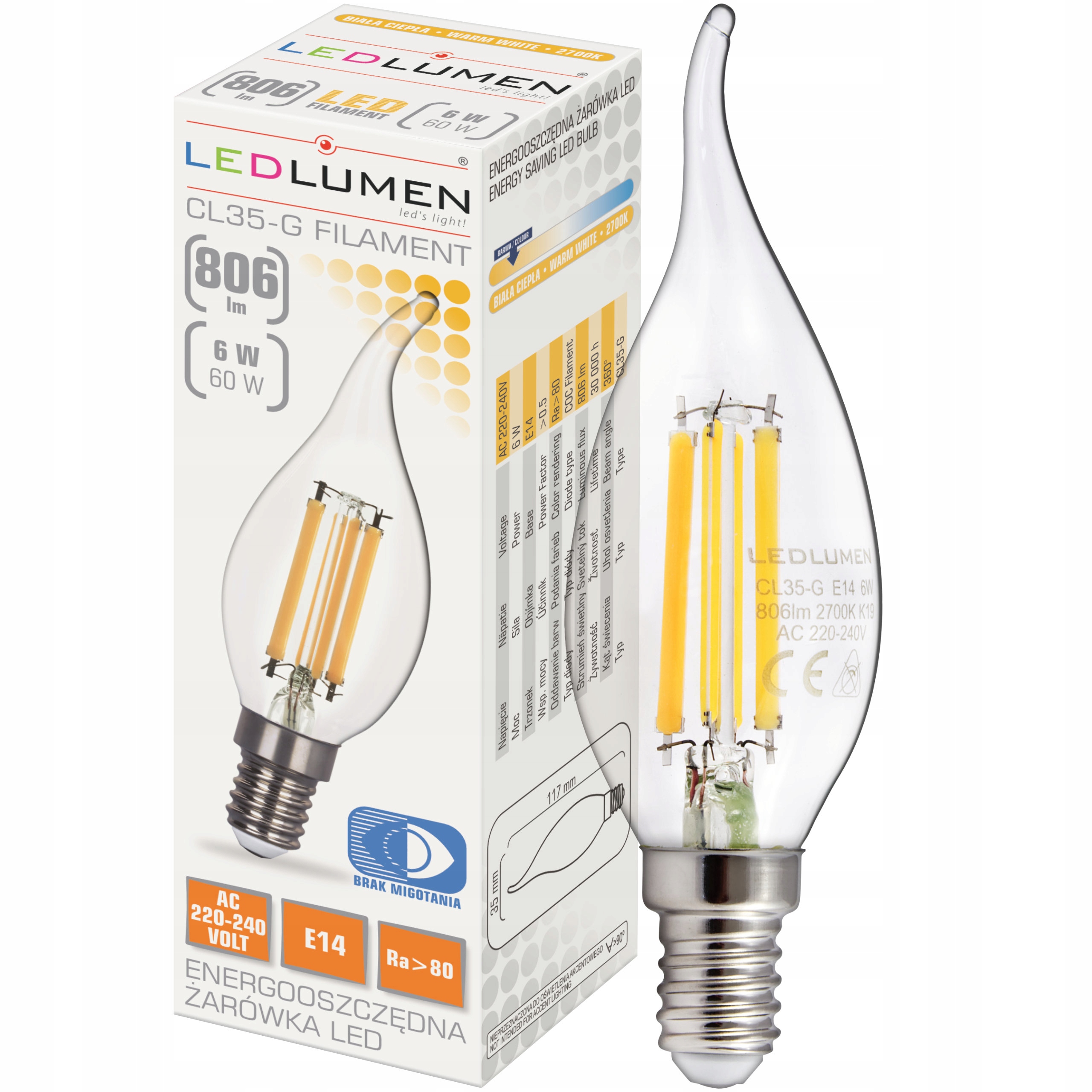 

Żarówka Świeczka E14 6W=60W Led Filament Ozdobna