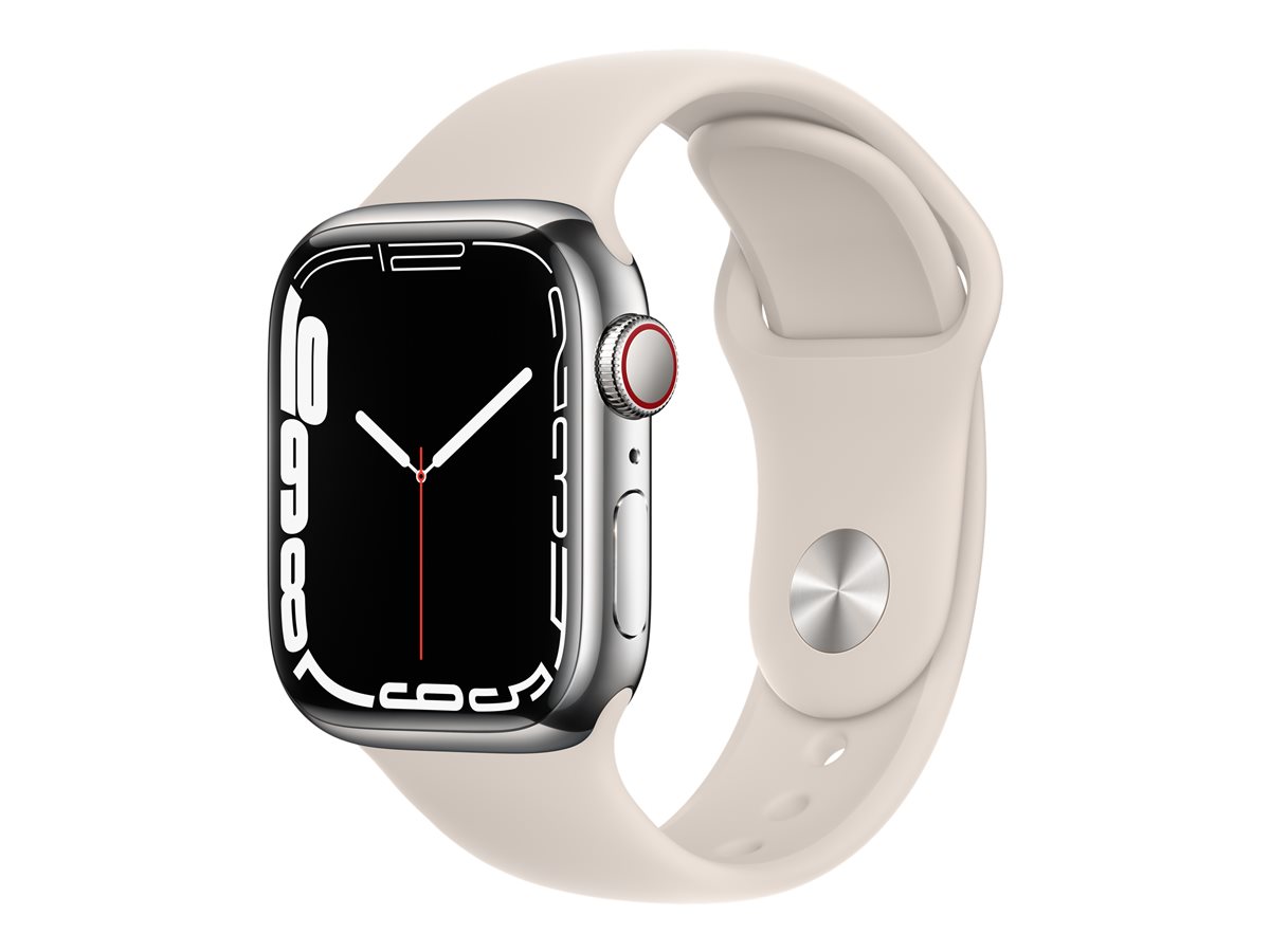 Apple Watch 7 41mm srebrny stal Cellular Lte eSIM beżowy pasek zaplombowany