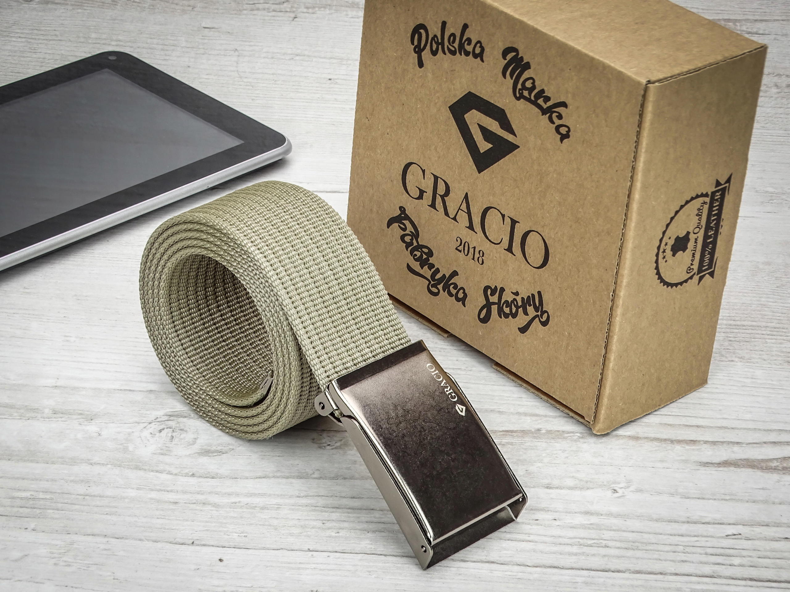 Parciany PASEK Męski KHAKI 155cm Klamra GRACIO Model PP 44