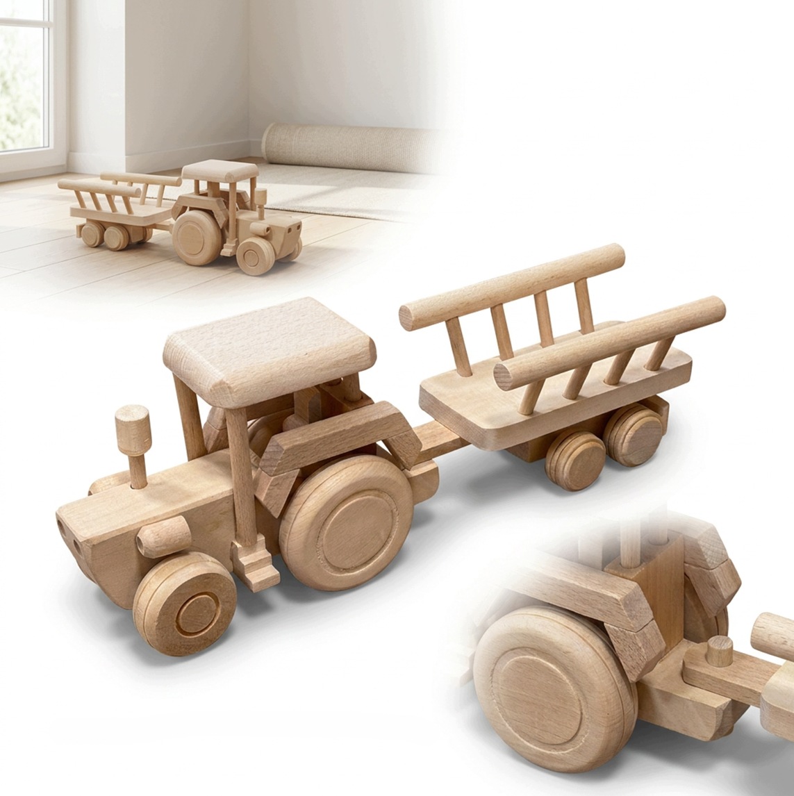 Drewniany Traktor z Wozem drewno Bukowe 48 cm Produkt Polski Handmade