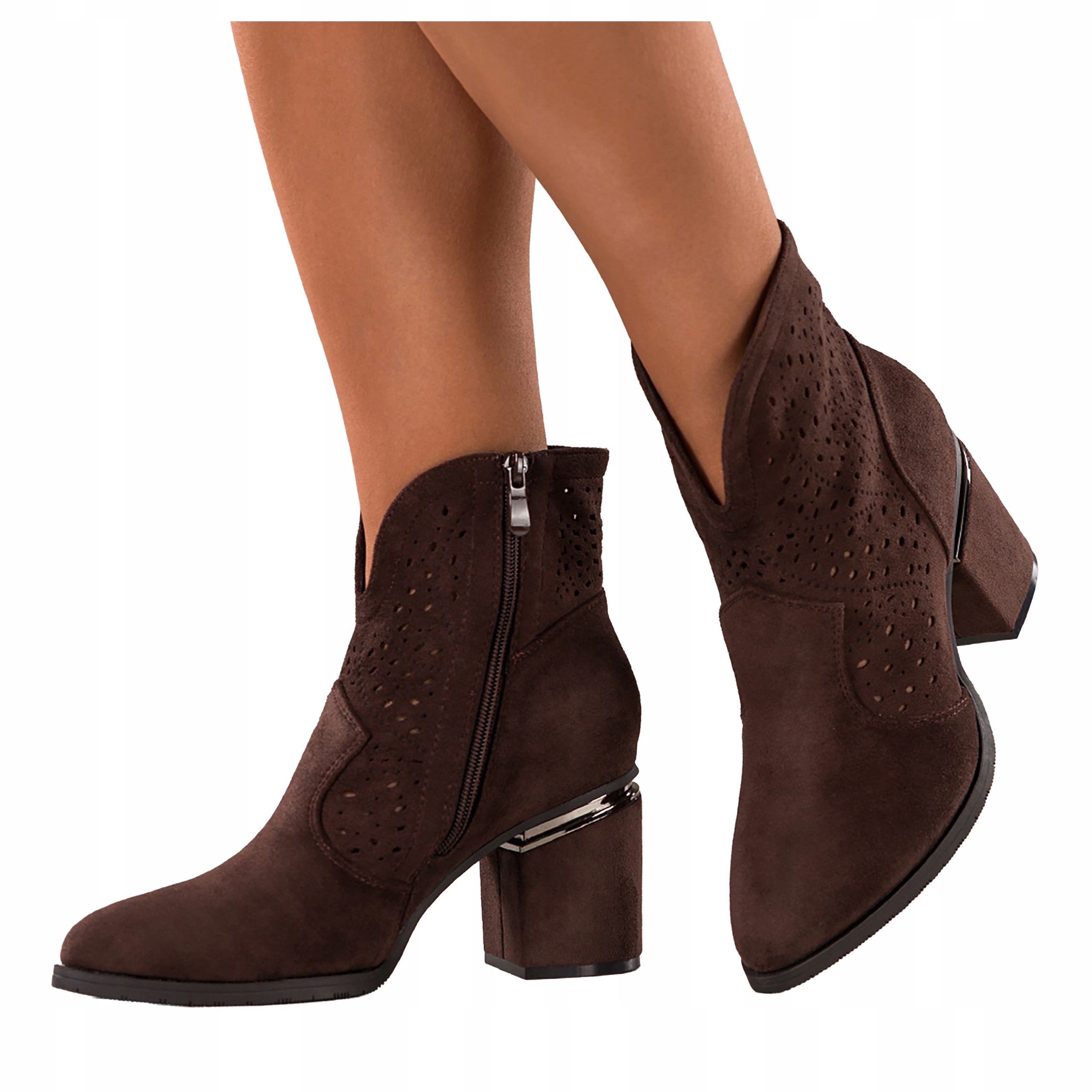 Kotníkové Boty Čokoládové Dámské Ažurové Na Ozdobném Sloupku Semišové Pohodlné vel 39