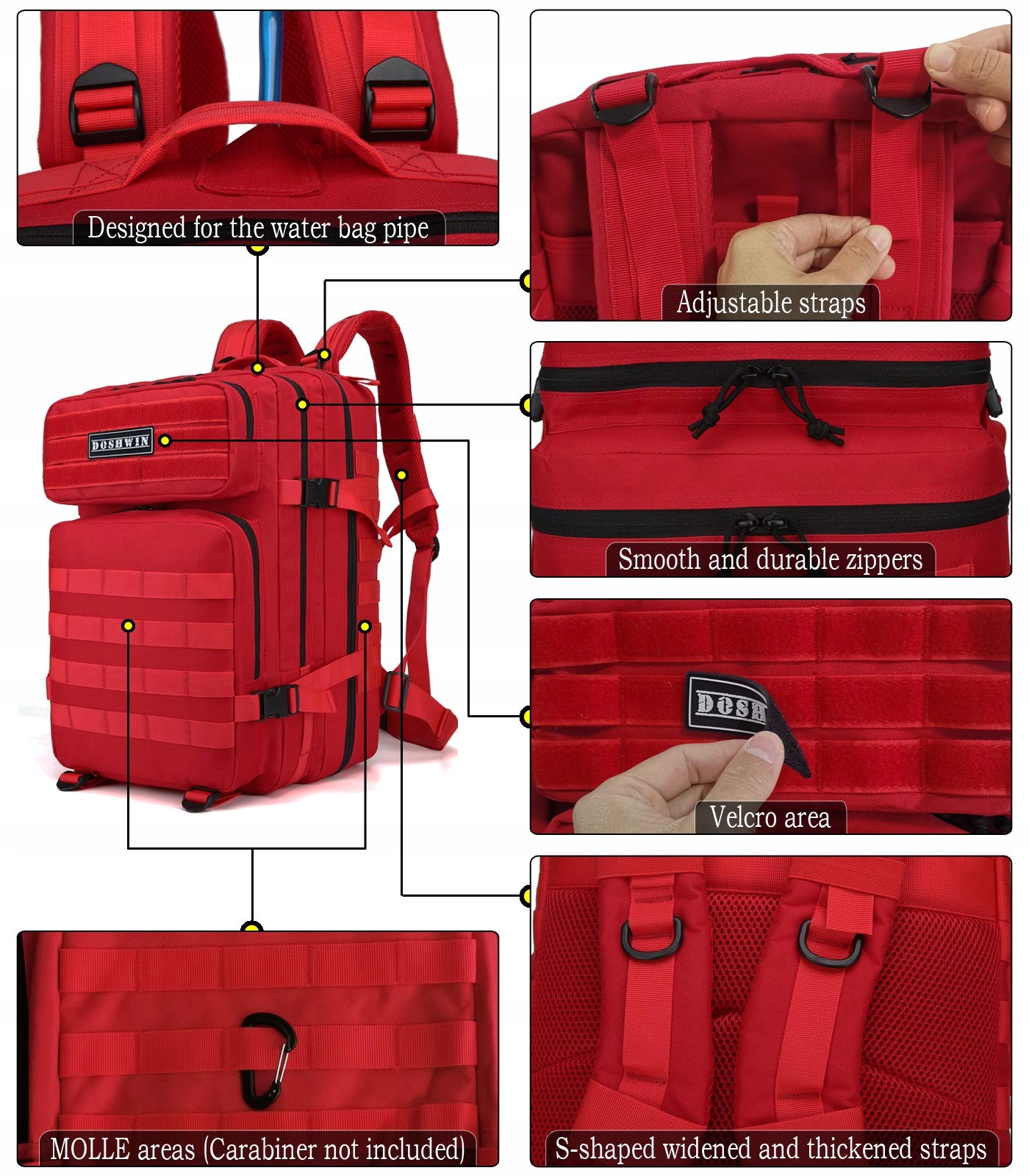 DOSHWIN 40L Czerwony Plecak Wojskowy Molle na Wędrówki/Camping — miniatura 3