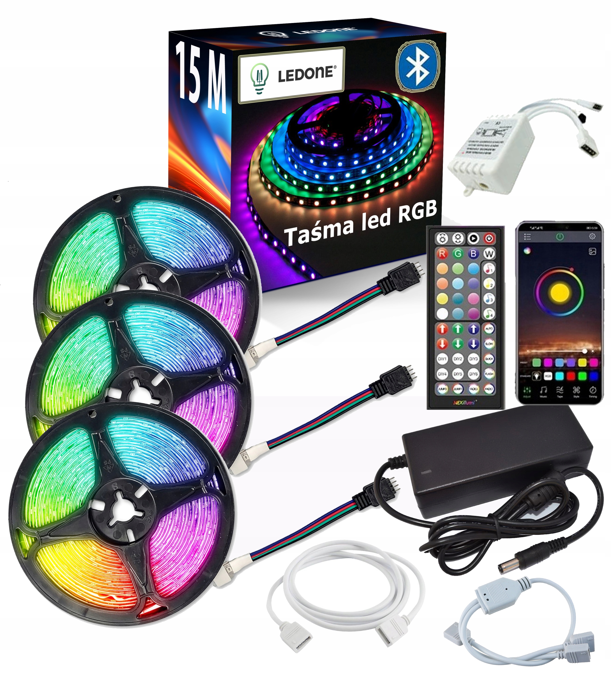 Taśma Led 15M Rgb 5050 Bluetooth Aplikacja Mobilna Pilot Muzyka Zestaw 12V