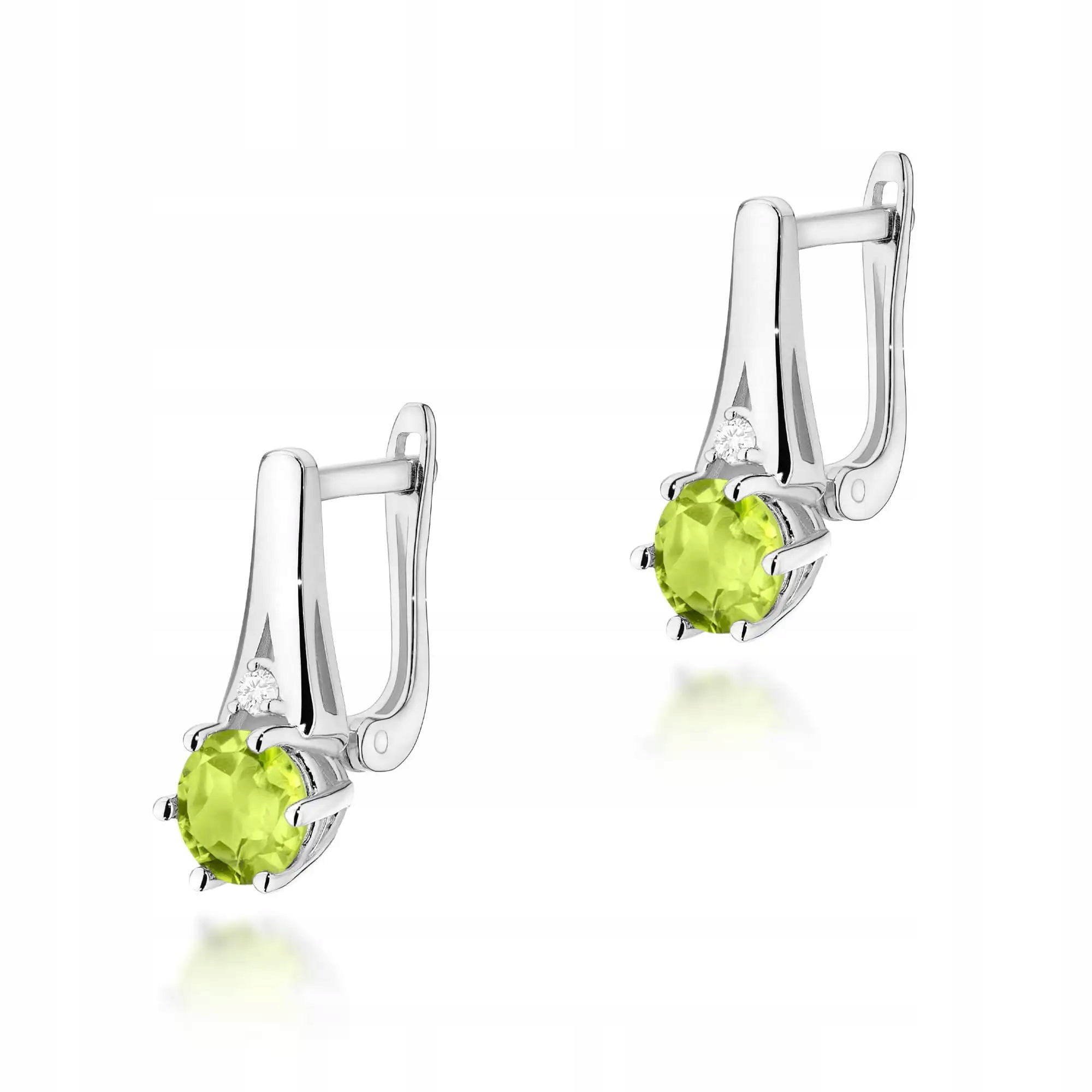 Zlaté náušnice 585 s peridotem a diamanty v bílém zlatě 14kt jako dárek