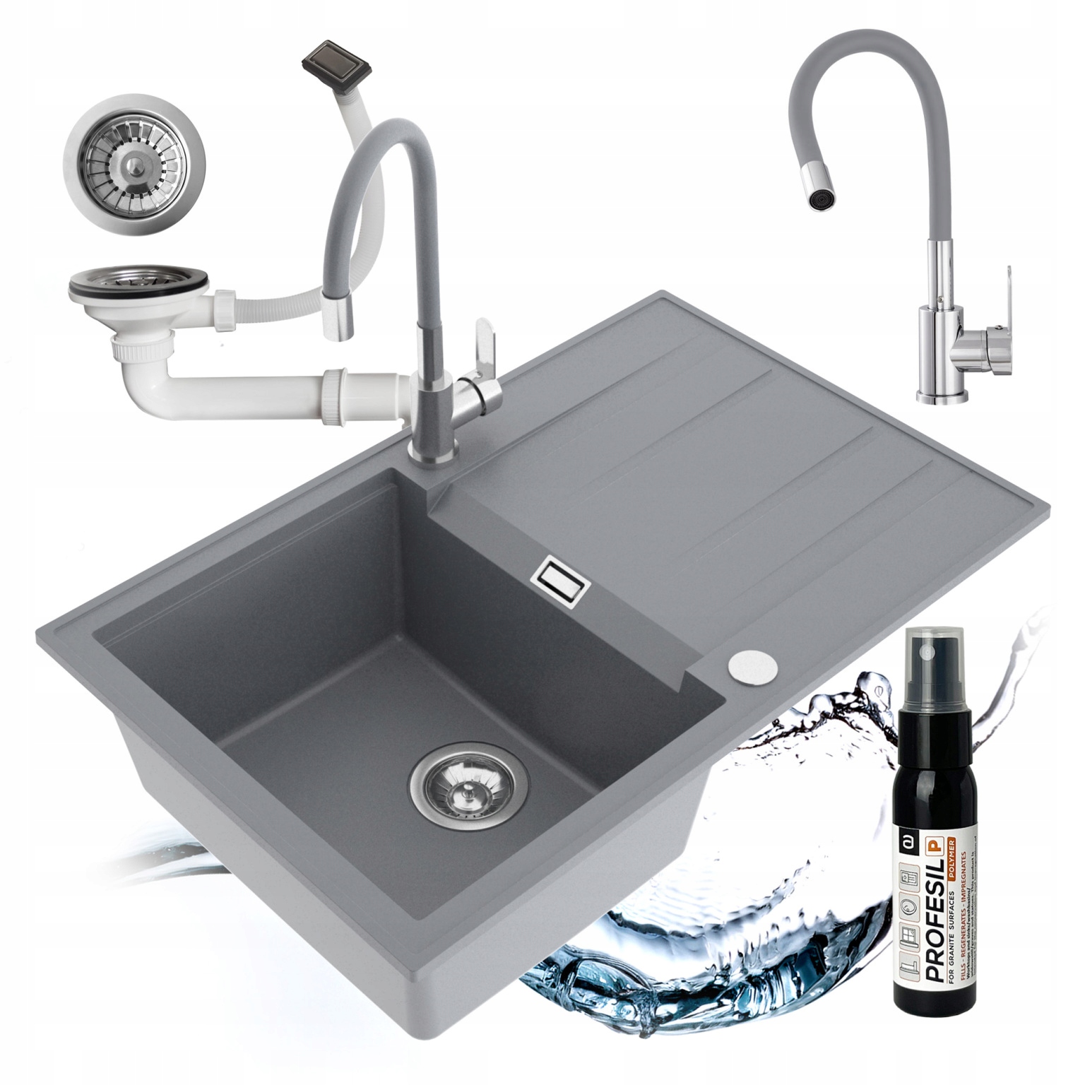 Drezový Kuchynský Drez Granitový Jednokomorový Batéria Flexibilný Sifón
