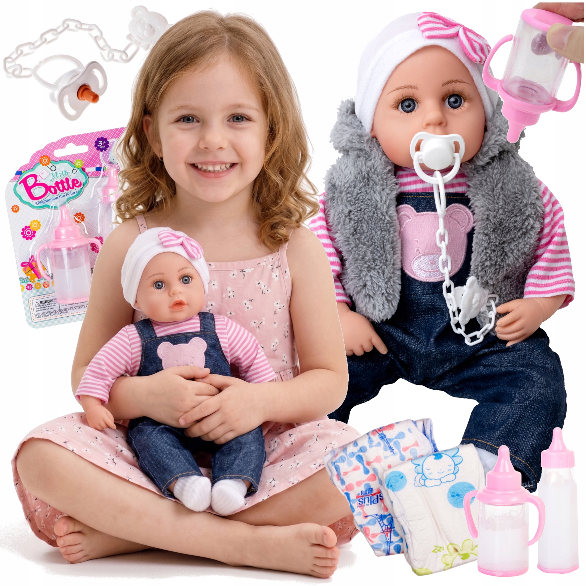 Lalka Bobas Duża 45 cm dźwięki Pl Zestaw Smoczek Butelki Pampersy