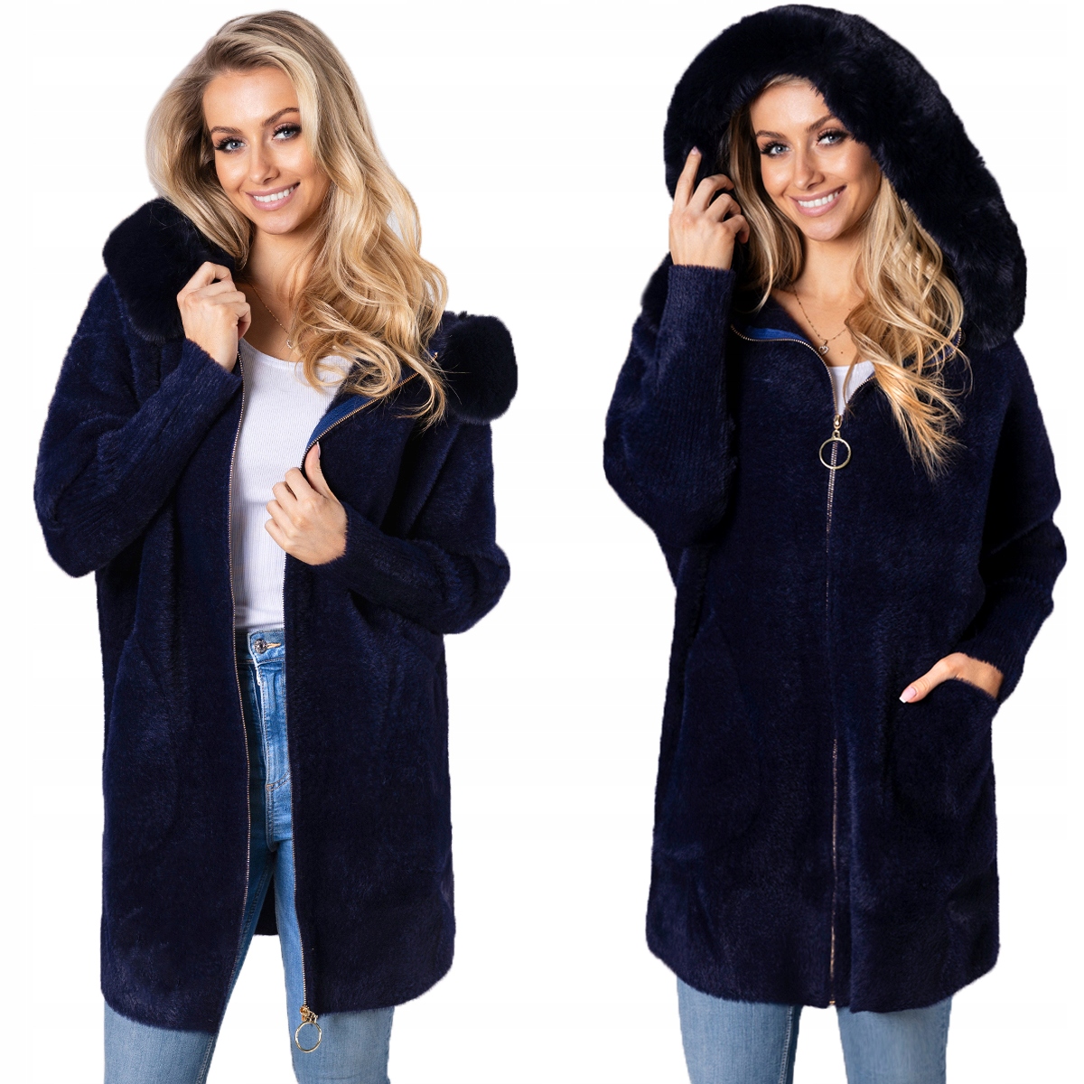Nadýchaná Alpaka Kabát Kapuce s kožešinou Měkký Teplý Dámský Tmavě Modrý