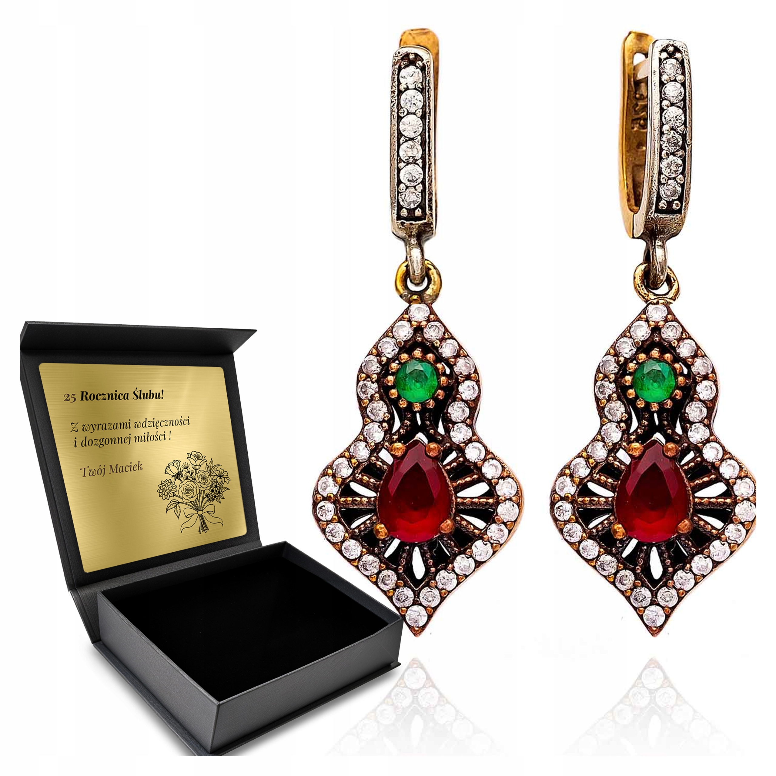 Stříbrné Náušnice 925 Zirkony Smaragd Granátové Šperky Gravírování Bonus