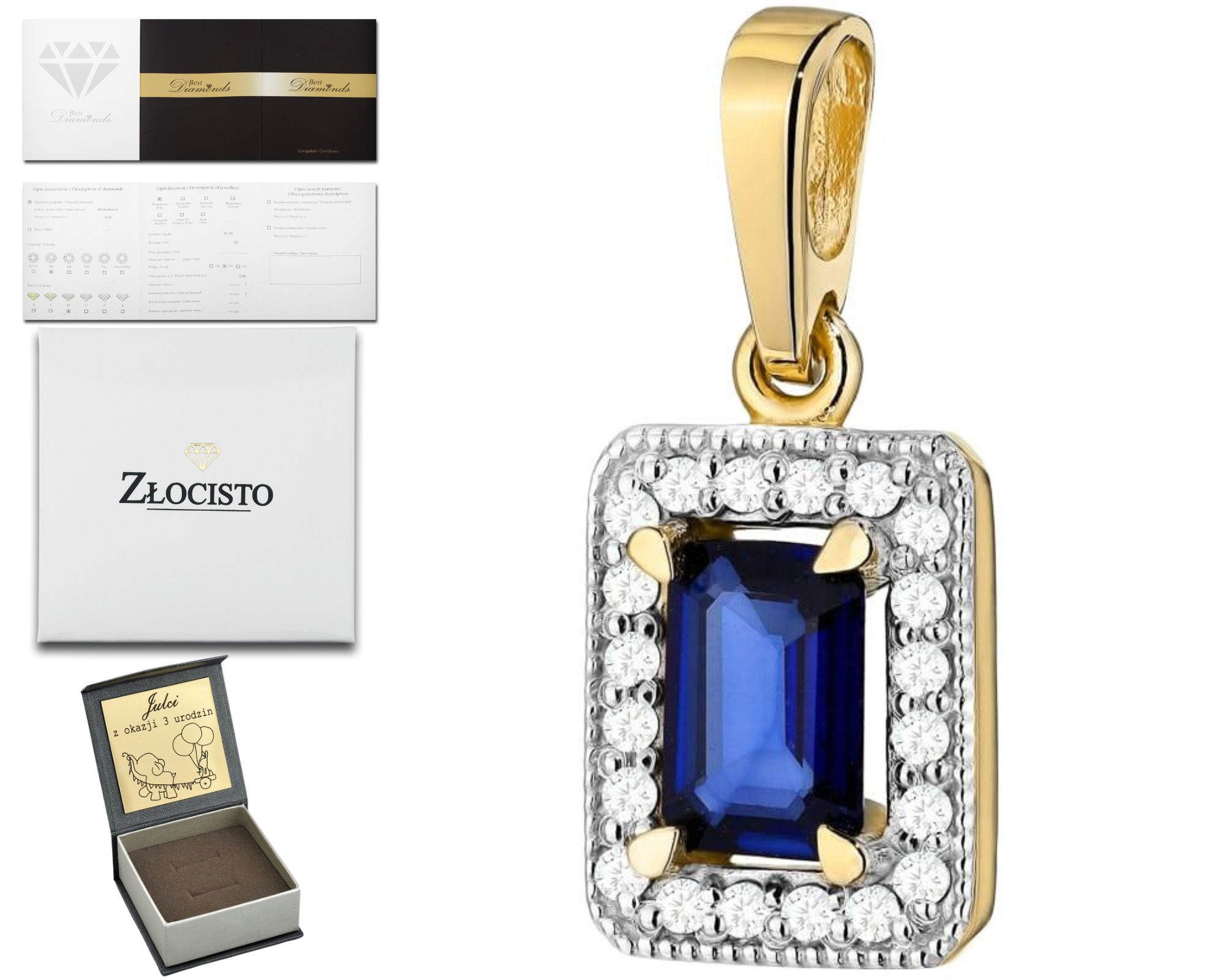 Zlatý Přívěsek Tmavě Modrý Safír A Brilianty 585 Dárek