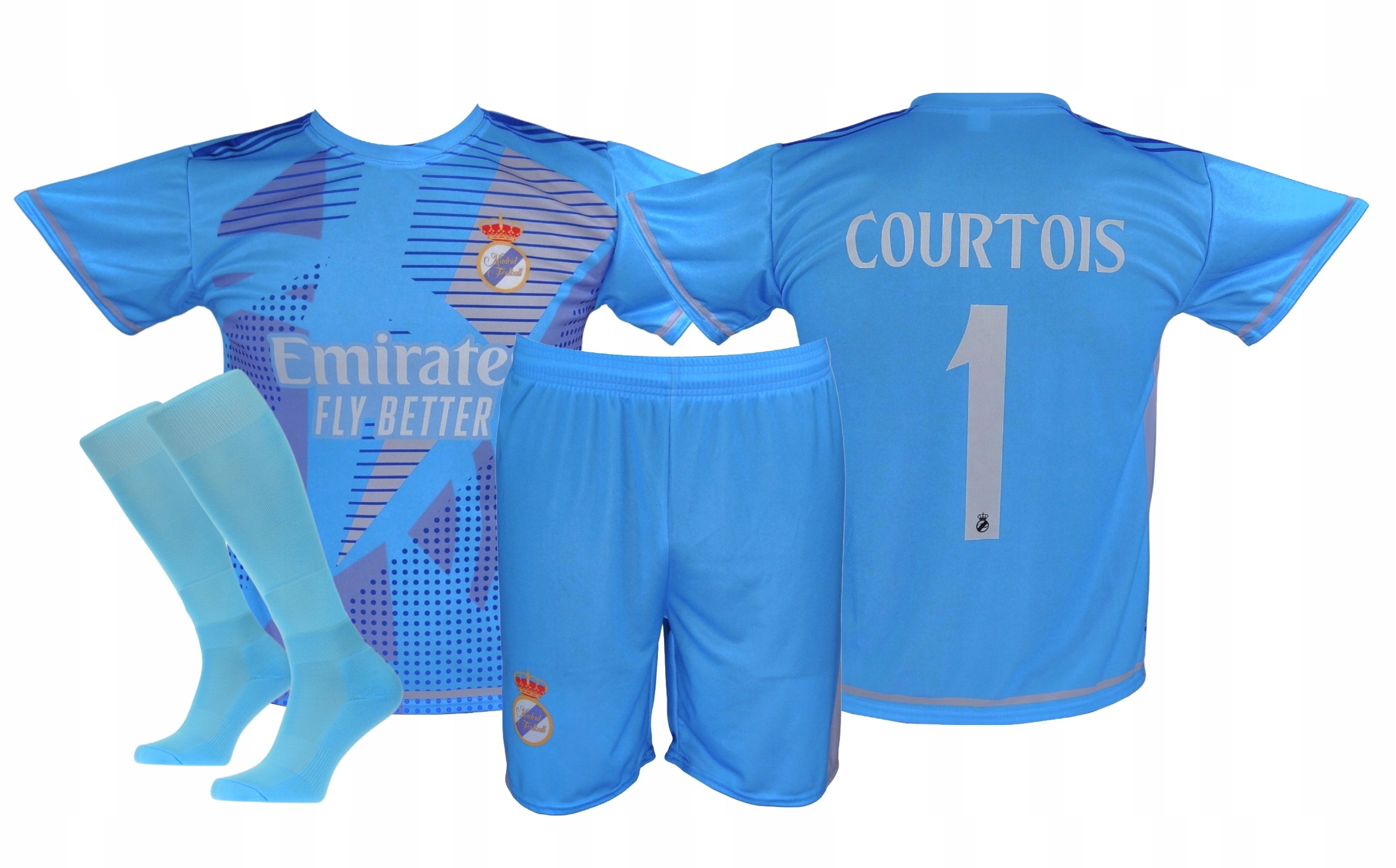 Courtois Real strój piłkarski sportowy koszulka spodenki getry roz. 140