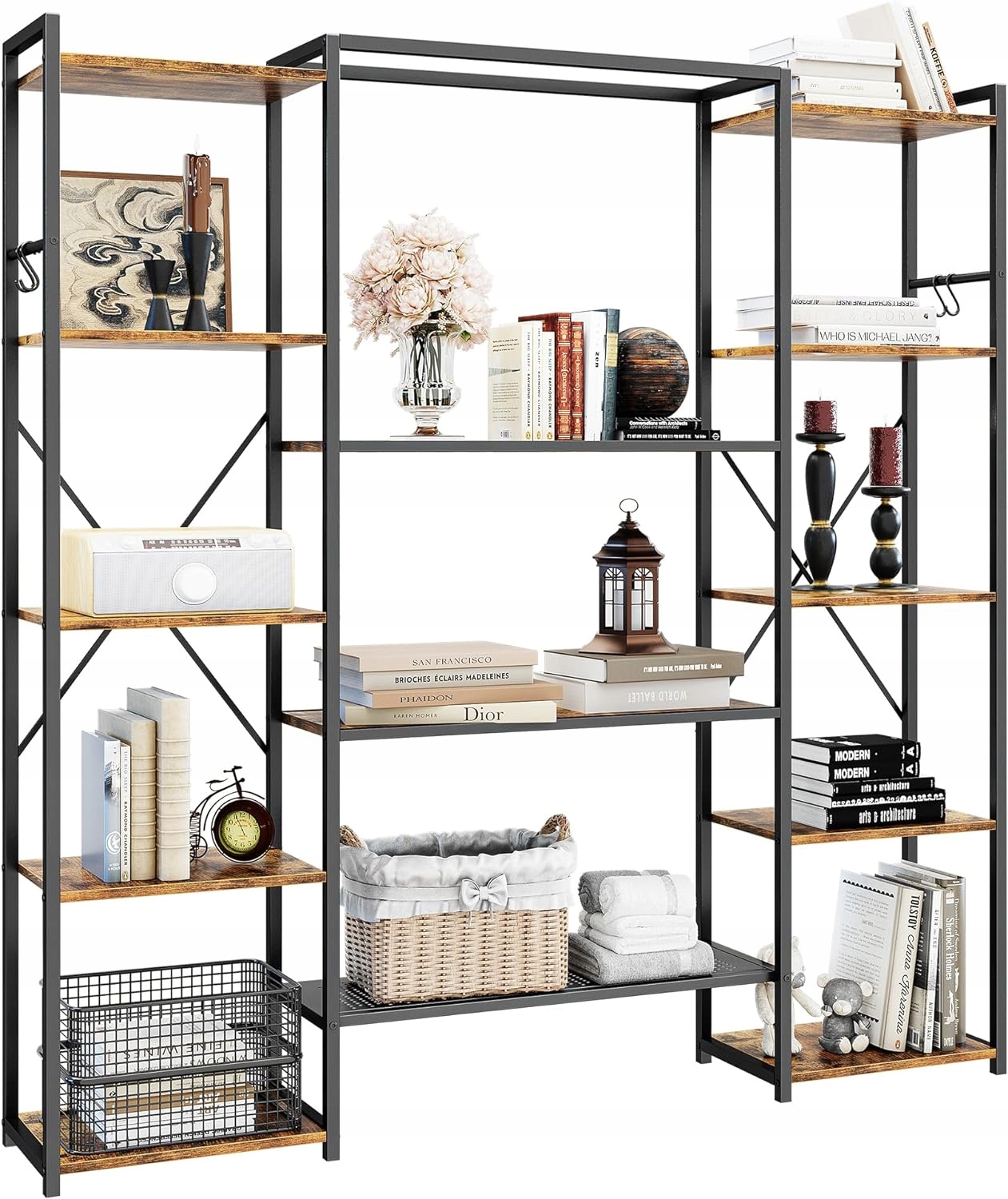 Regál na knihy s 13 policami, stojaci, kovový rám