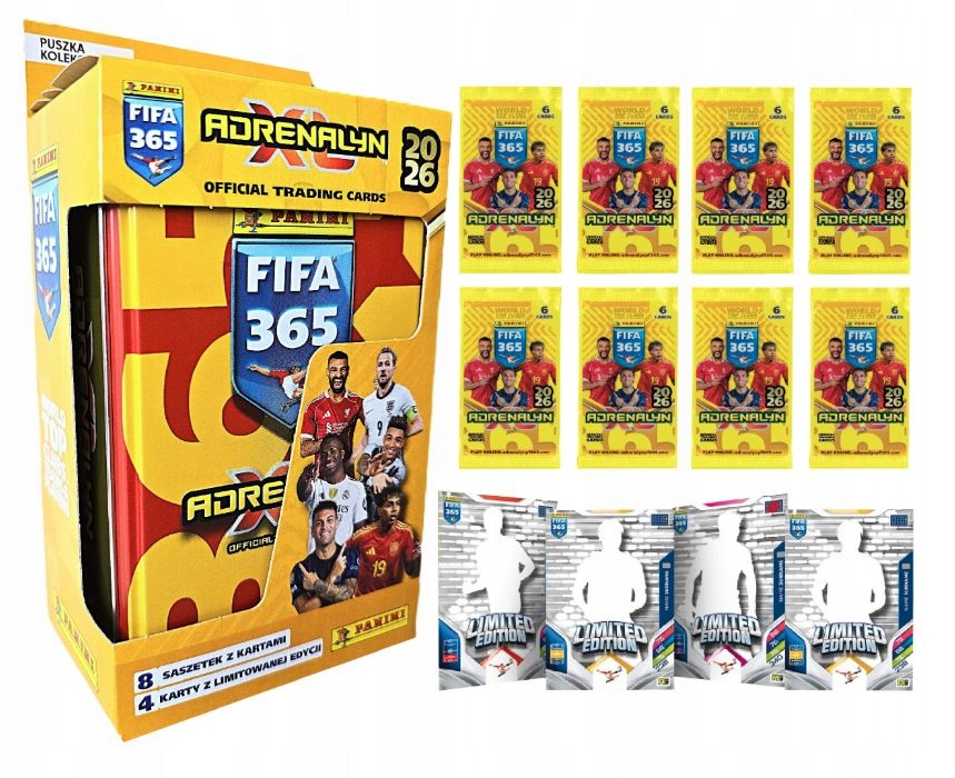 Duża Puszka -panini Fifa 365 2026 Karty Piłkarskie 8x saszetka 4x Limited