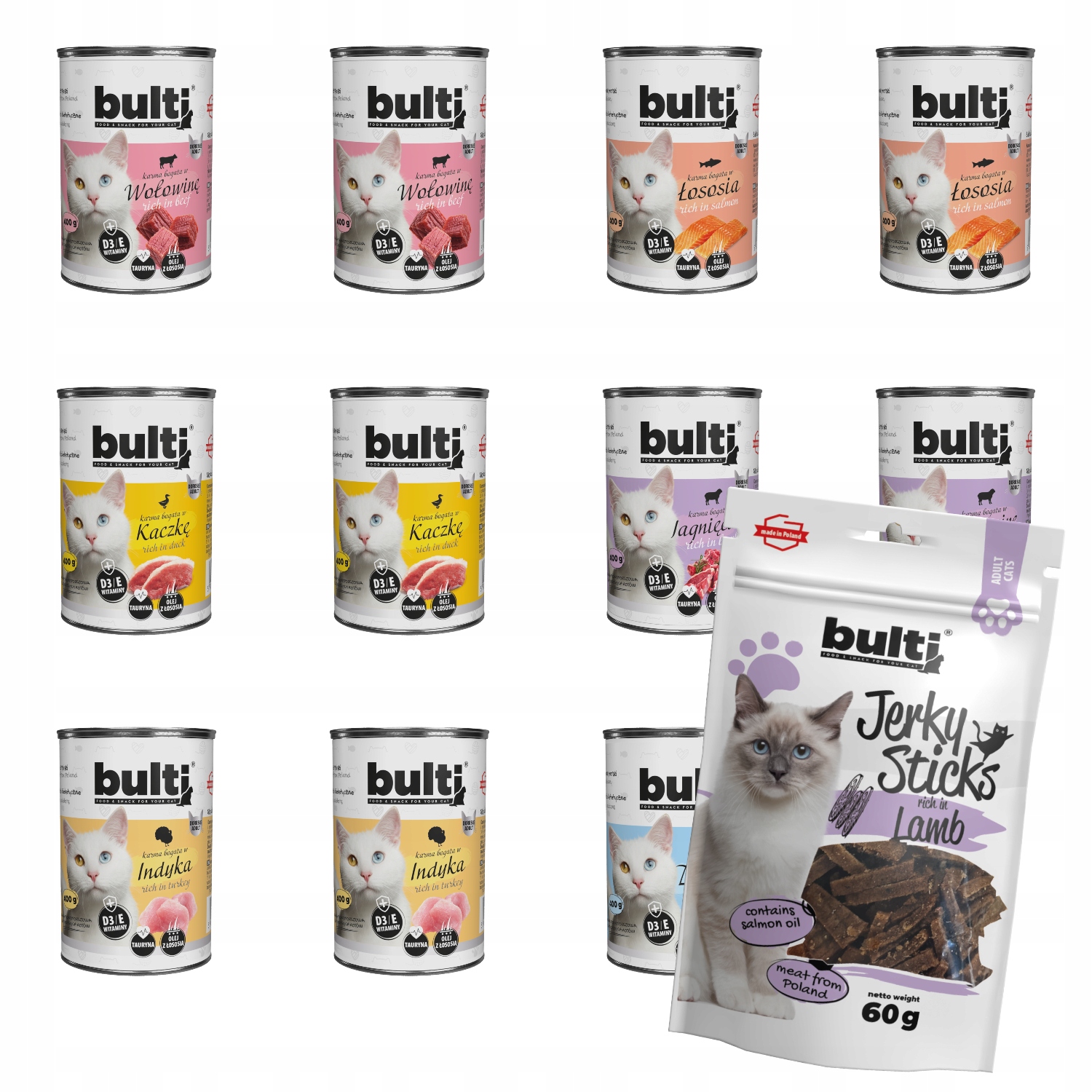 Levně Vlhké Krmivo Bulti 400g MIX Všech Příchutí Jehněčí Jerky Sticks