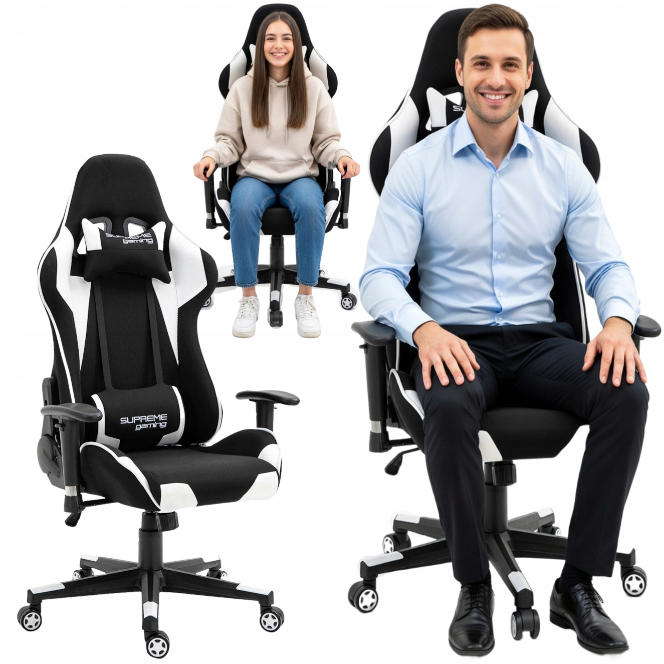 Fotel Gamingowy Playmaker Czarny Biały Materiałowy Rególowany Obrotowy Pro