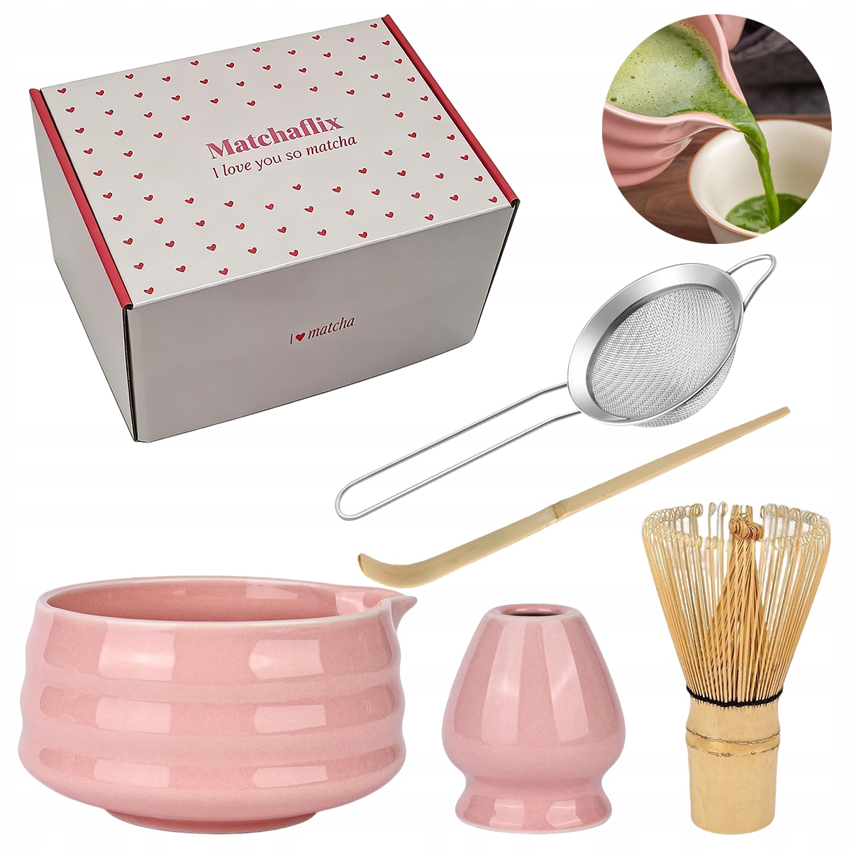 Zestaw do matchy prezentowy różowy miotełka do matchy, miseczka, sitko 5w1