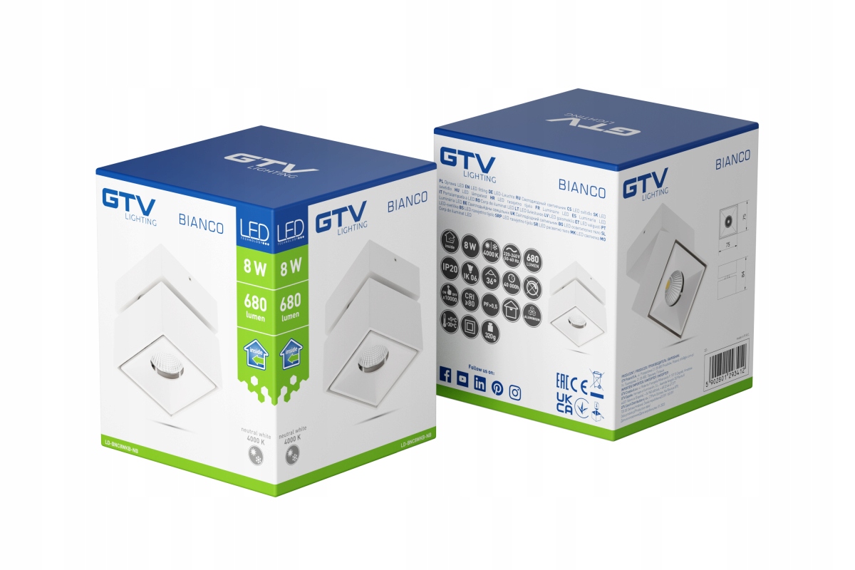 Stropné svietidlo Bianco, Led, 8W, 680lm, 4000 K, AC220-240V, 36°, štvorec, b