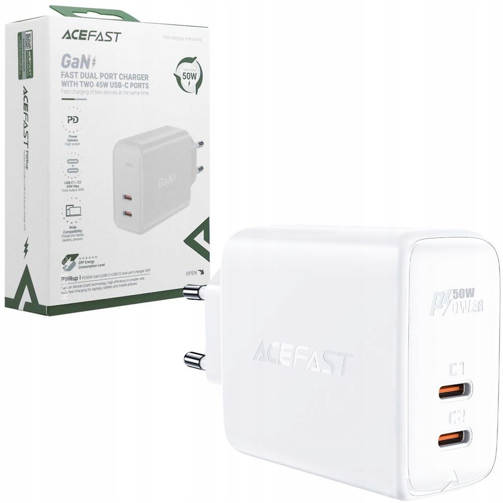 Rychlá síťová nabíječka, kostka 2x Usb-c Qc Pd Afc Fcp 50W, AceFast