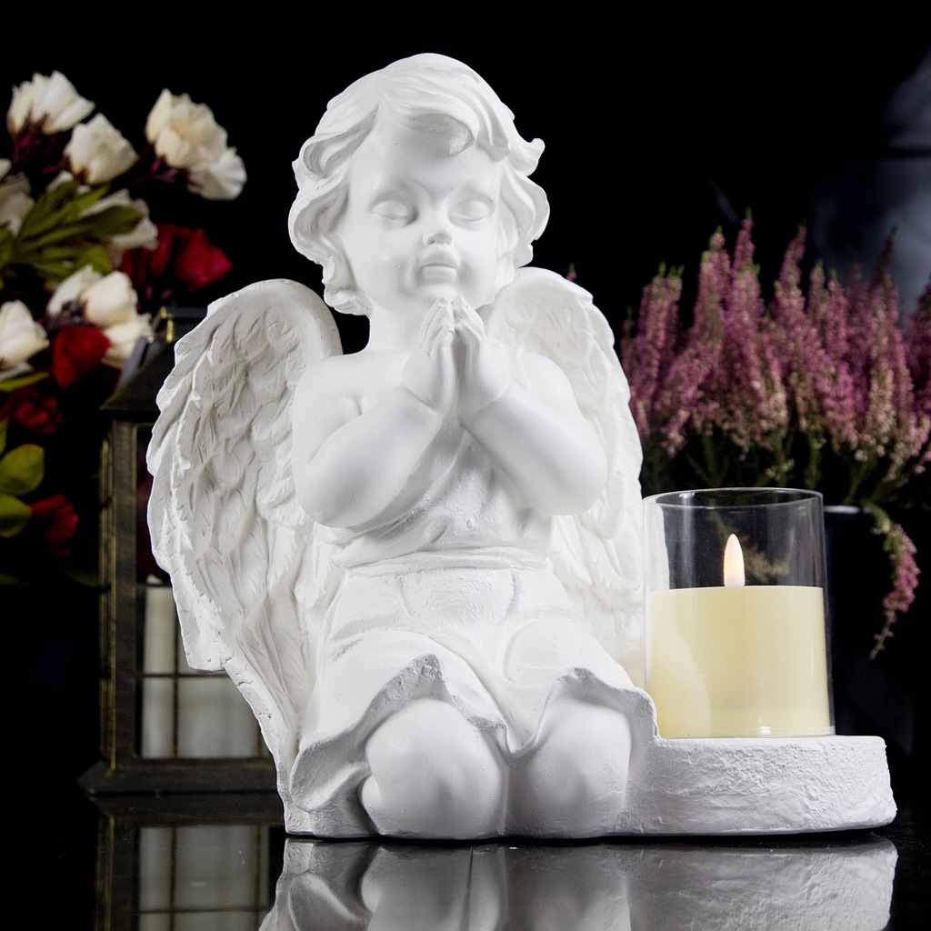 DUŻY ZNICZ + ŚWIECA GIPSOWA FIGURKA NAGROBNA LAMPA LED 3XAAA Marka Decortrend