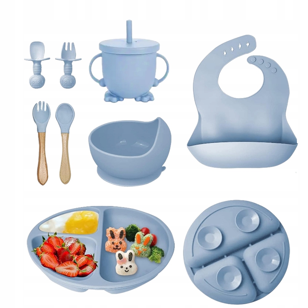 SILIKONOWY ZESTAW SZTUĆCE NACZYŃ DLA DZIECI NIEMOWLĄT Z PRZYSSAWKĄ 8 EL