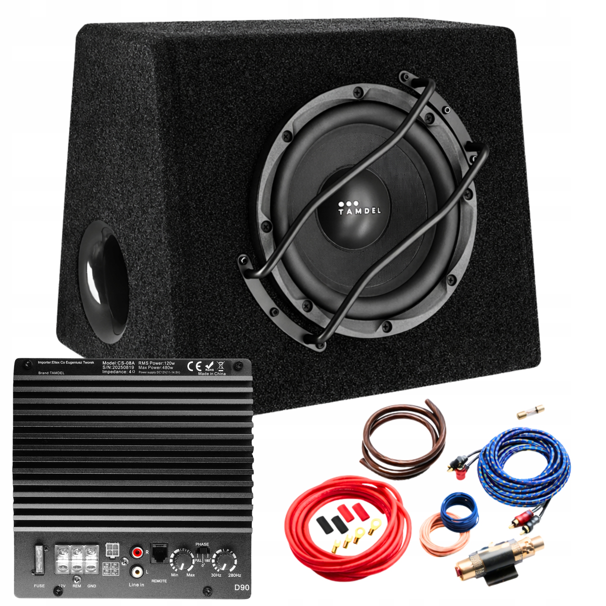 Subwoofer samochodowy aktywny 20 cm 8" bass reflex 120W Rms kable