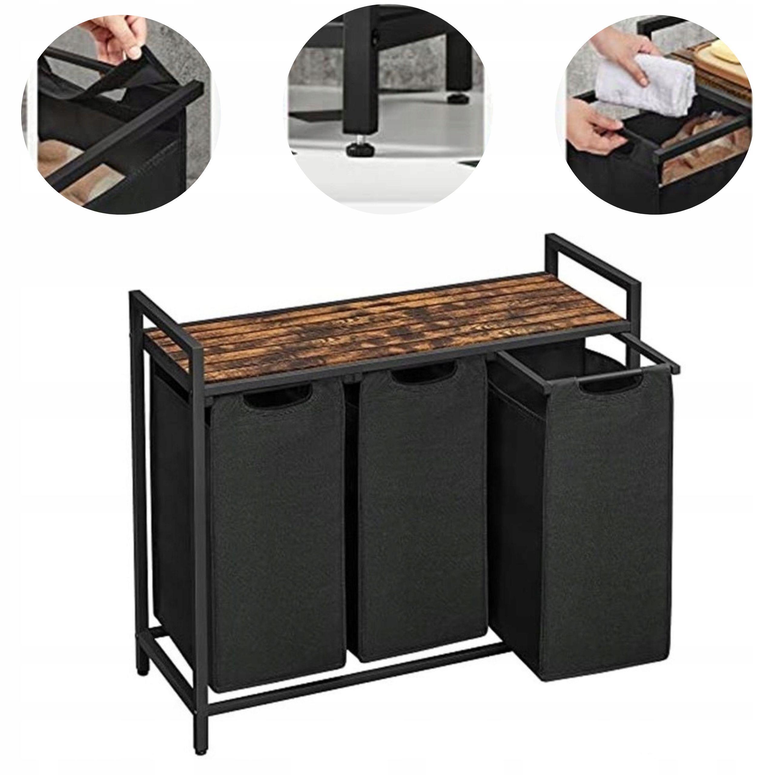 Koš na prádlo stojící 3 přihrádky loftový hnědý rustikální černý Vas