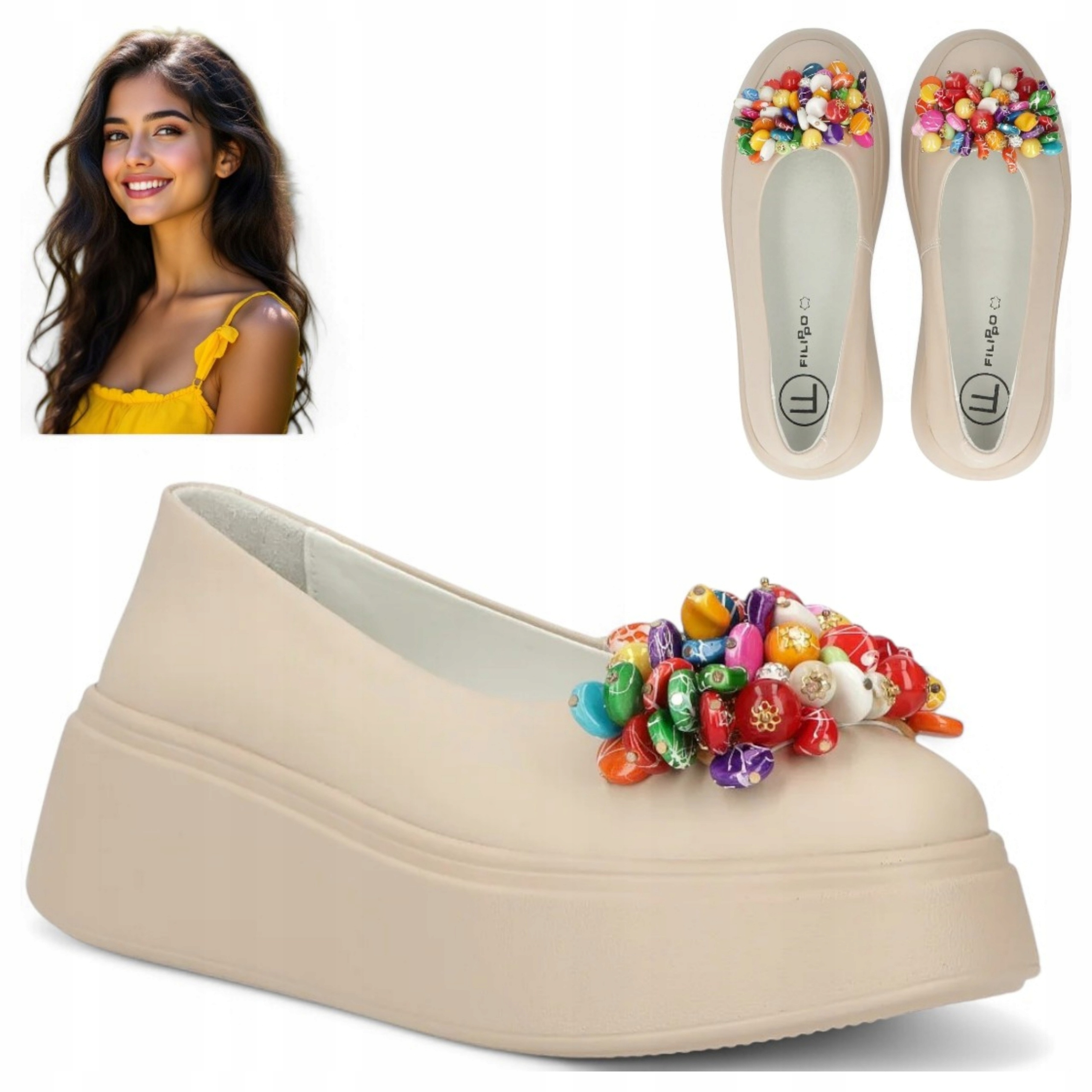 Filippo Półbuty Damskie 39 Skóra Mokasyny Wiosenne Beżowe Modne Platforma