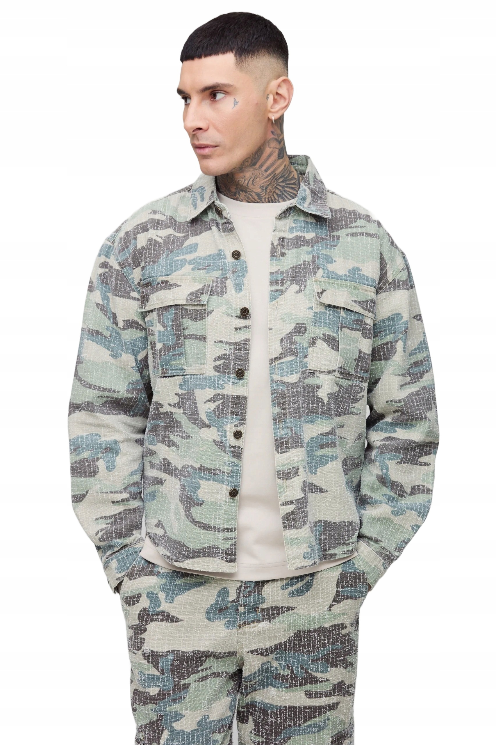 Boohooman Pánská Košile Casual Vzor Maskáčový Dlouhý Rukáv Límeček XXL Z3A