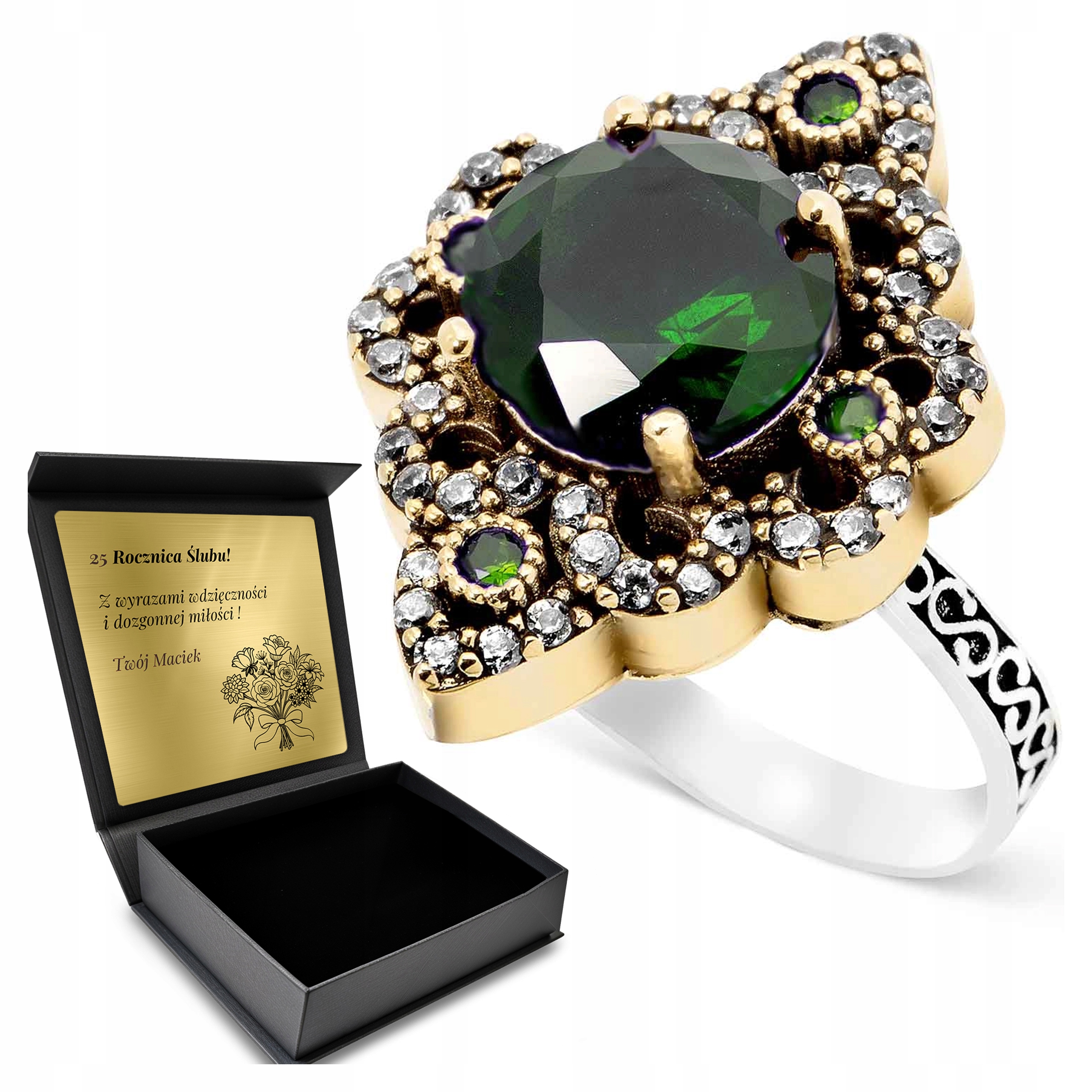 Prstýnek 925 Zirkony Smaragd Dárek na Valentýna Gravírování