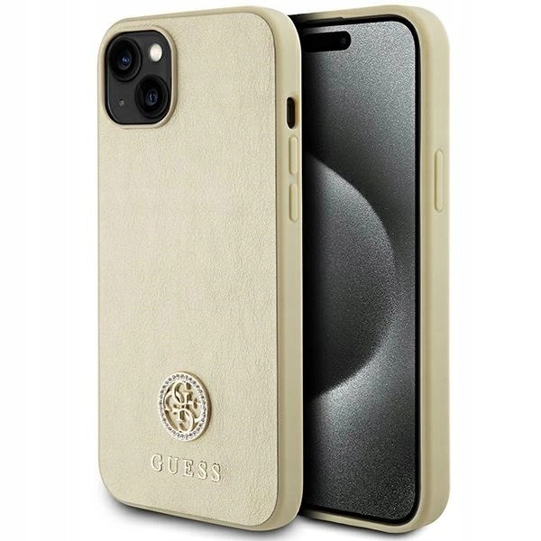 Pouzdro Guess Leather 4G Metal Logo Strass pro iPhone 15 zlaté