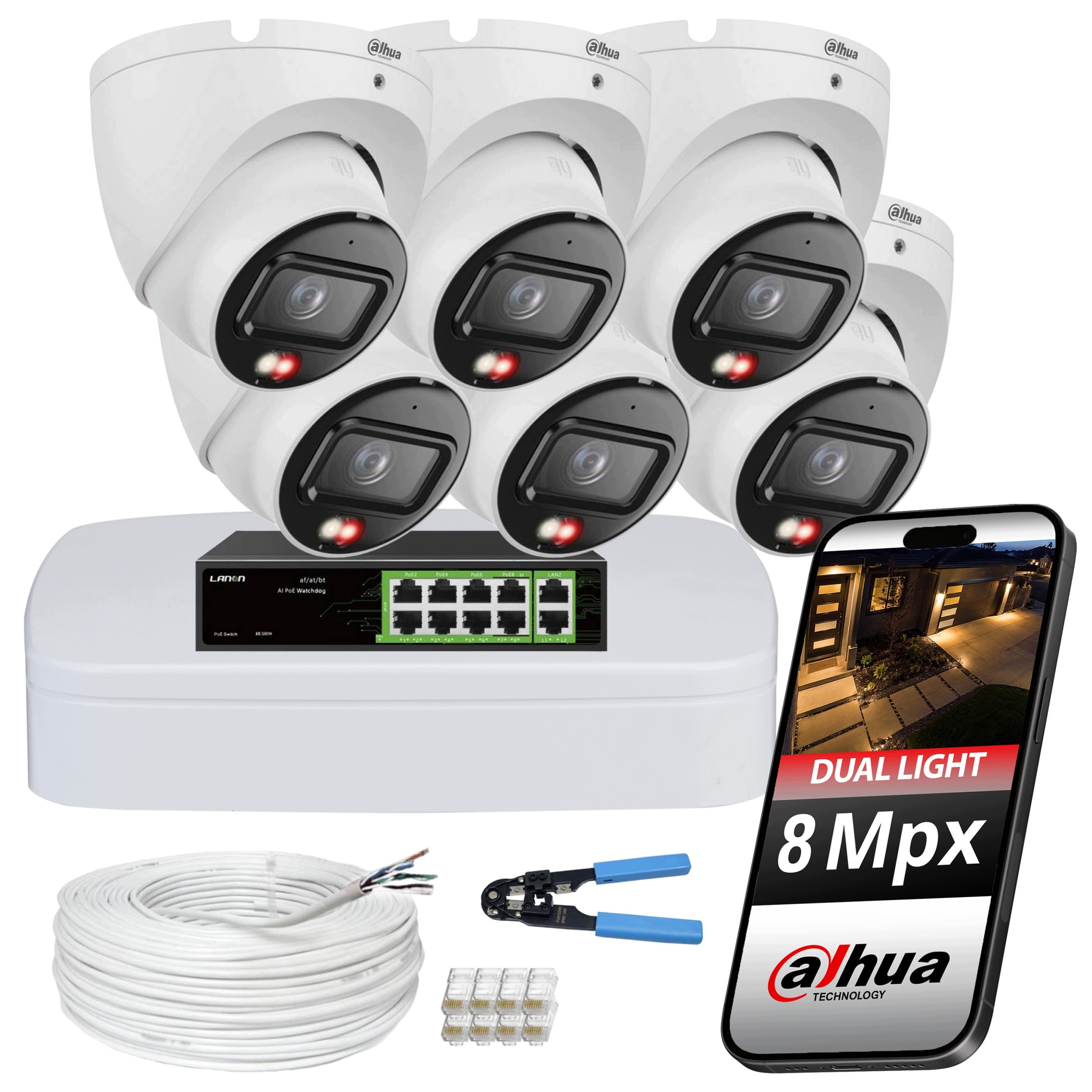 Sada pro monitorování 6 venkovních kamer Dahua 8Mpx Ip PoE switch Dual Light