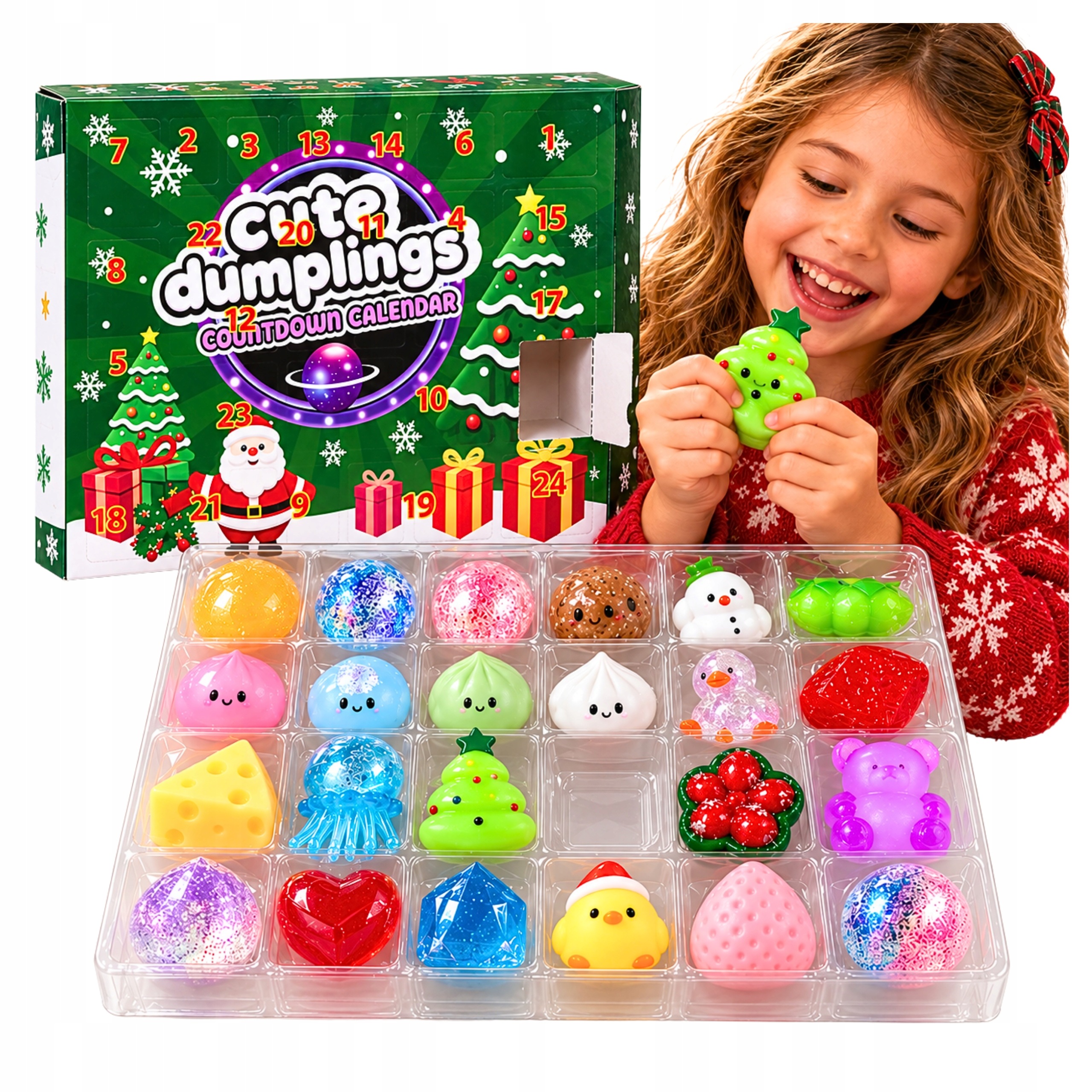 Adventní kalendář Mačkací Hračky Squishy 24 kusů Senzorické vánoční
