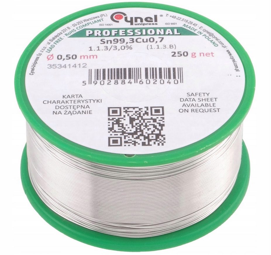 Cynel cín pro pájení bez olova Sn99.3Cu0.7 1.1.3 tavidlo 3% 0.50mm 250g