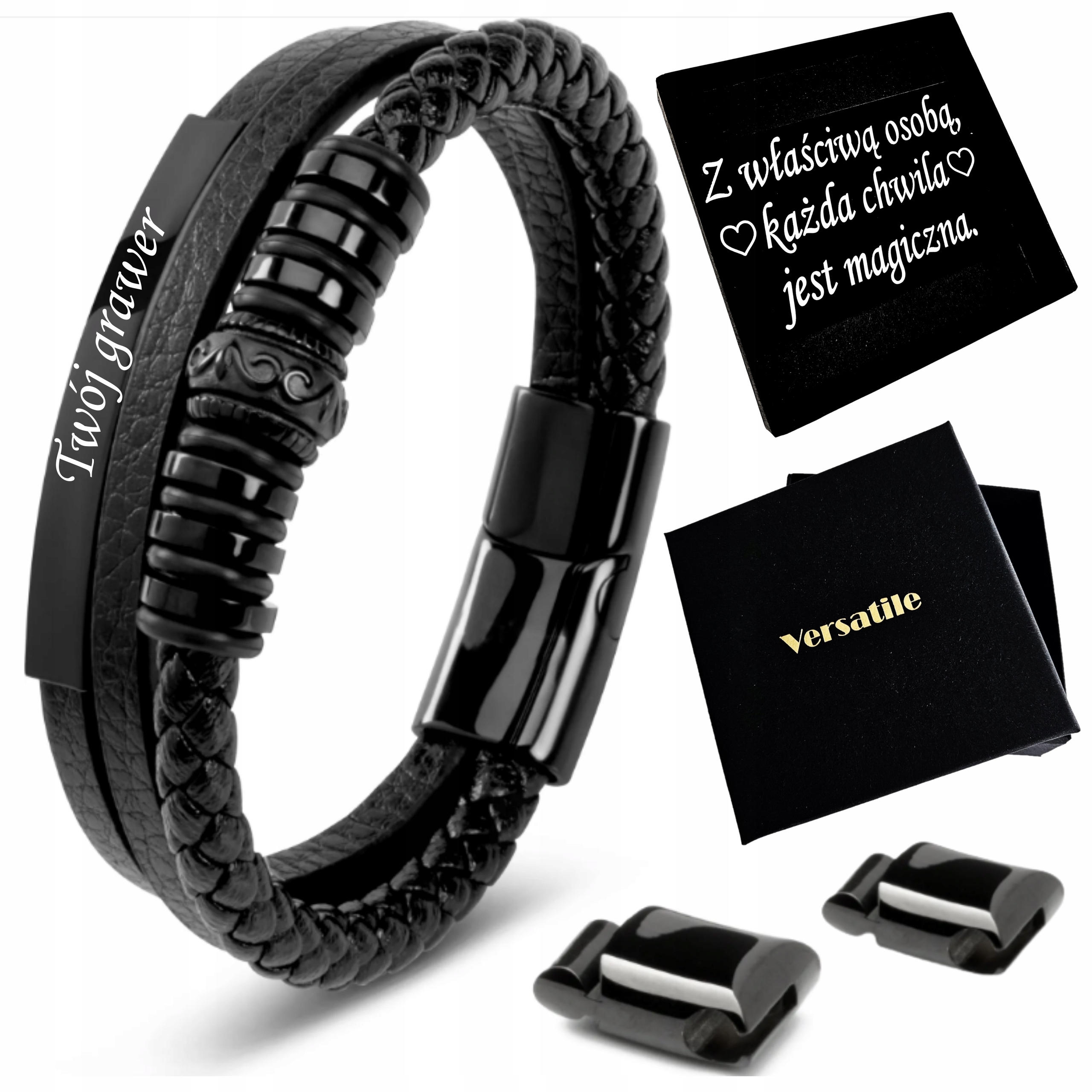 Pánský Náramek Z Kožené Kůže Černý, Nastavitelný 21-24 CM! Gravírování Bonus
