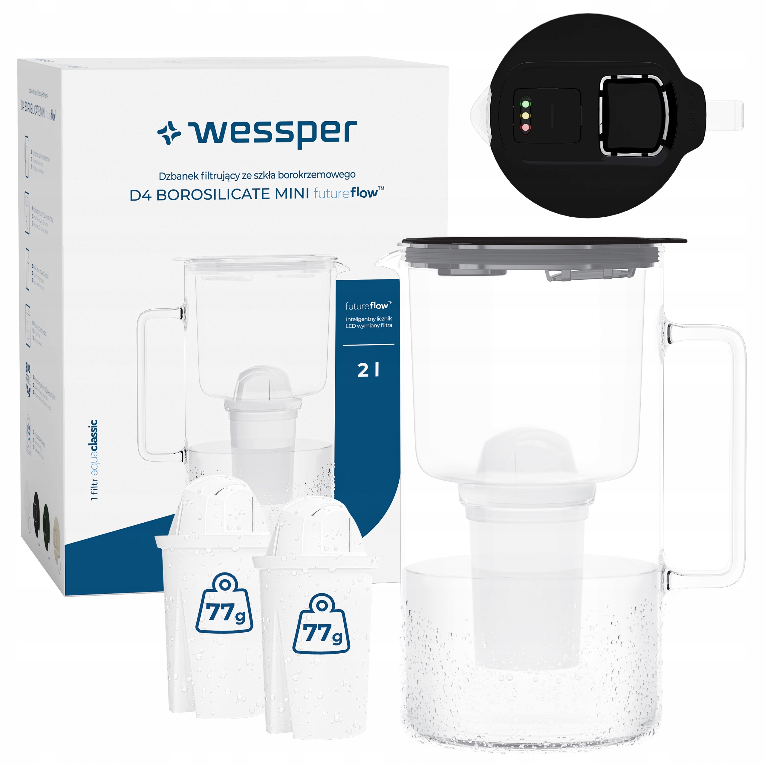 Dzbanek filtrujący szklany Wessper D4 Borosilicate Mini Ff 2l 3x filtr