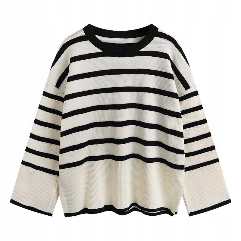 

Sweter Damski Golf W Paski Over Size Beżowy Ciepły