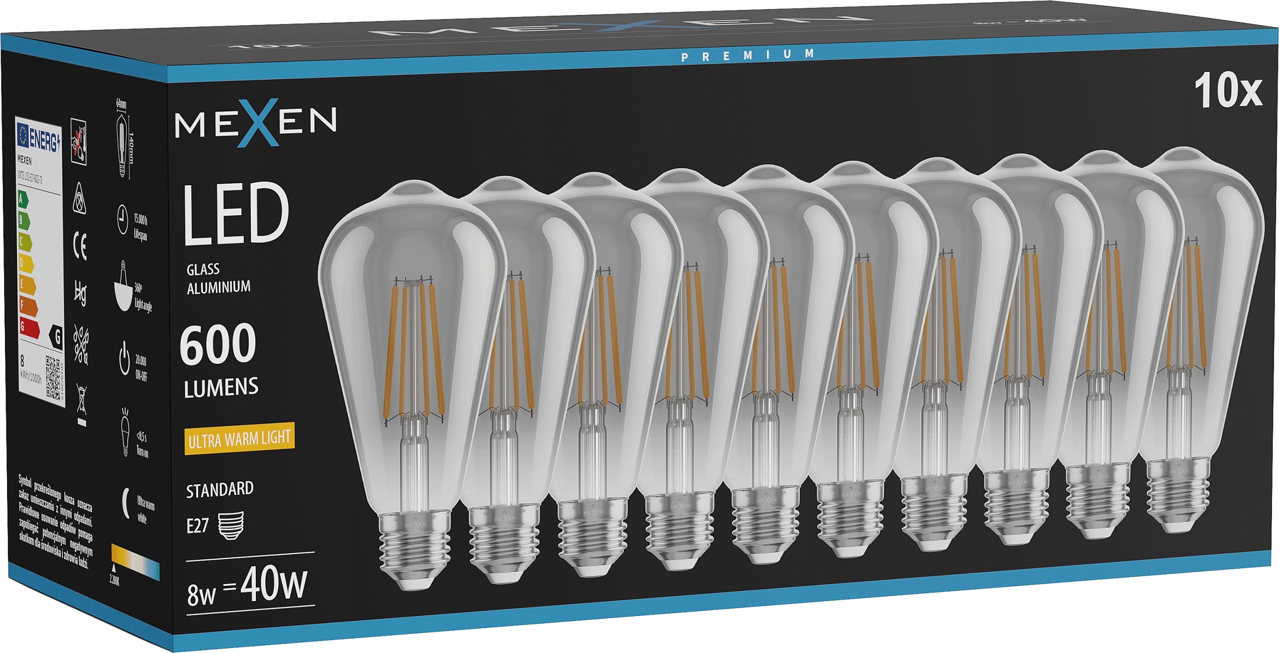 Mexen Vintis 10X Žárovka Filament Led E27 ST64 8W 2200K 600 LM Smoke