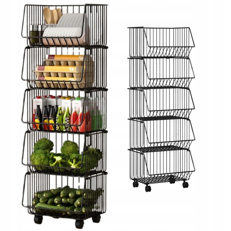 REGAŁ Z KOSZYKAMI NA KÓŁKACH do spiżarni na warzywa owoce 5 półek + GRATIS Kolor mebla czarny