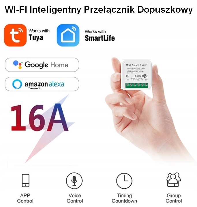 MINI PRZEŁĄCZNIK DOPUSZKOWY SCHODOWY WiFi 2 CH 16A TUYA SMART Marka bez marki