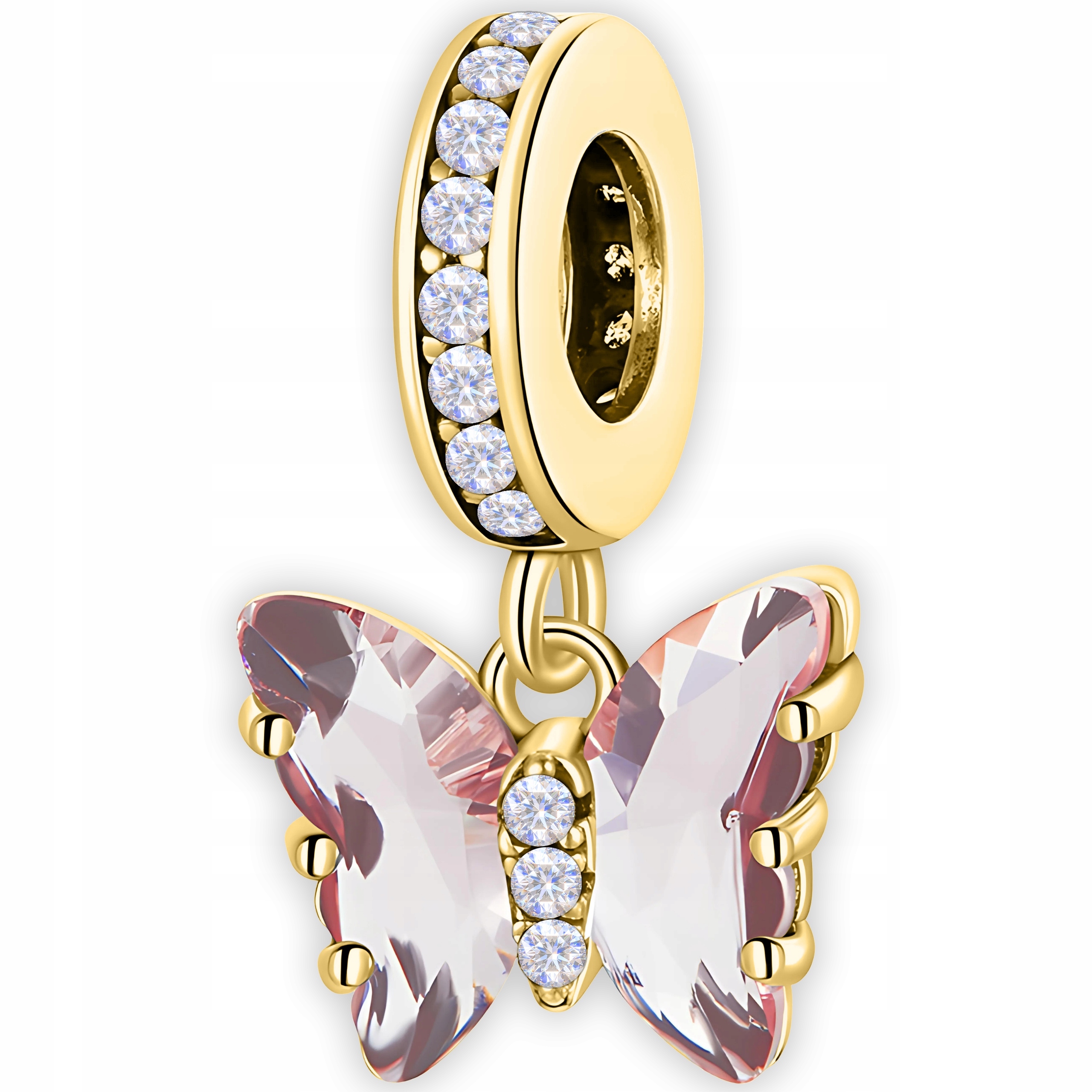 Zlatý Charms Křišťálový Růžový Motýl Křišťál Motýlek Stříbro 925