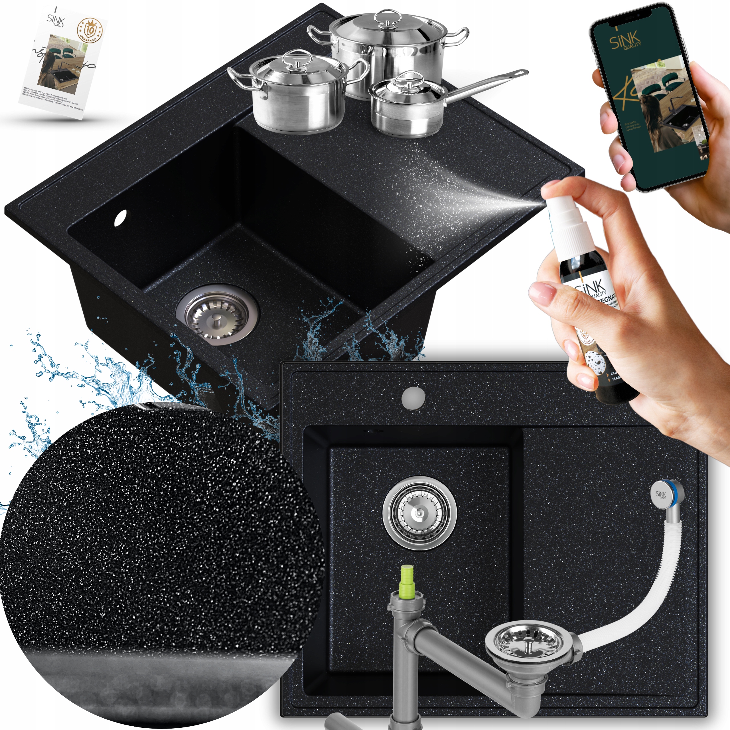 Jednokomorový dřez s odkapávačem granitový kuchyňský Černý, částice