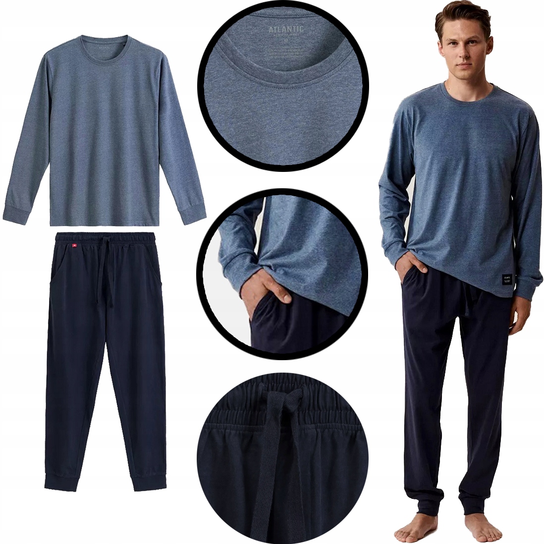 Atlantic teplé pánské pyžamo Premium, sametový komfort, modrý melír, 3XL