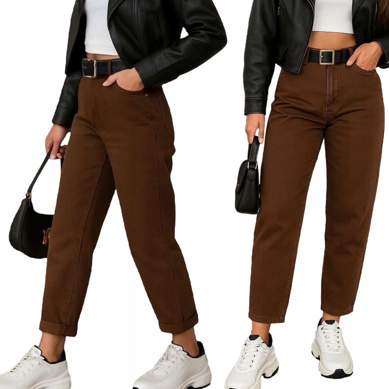 Spodnie jeans damskie Balloon wysoki stan Brązowe Czekolada 48/4XL