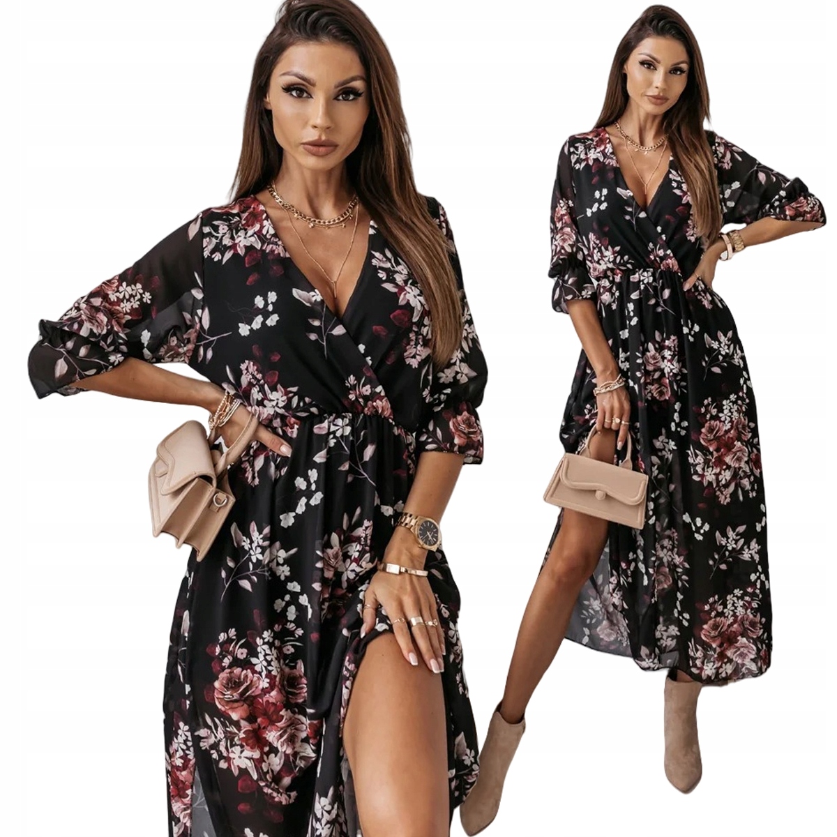 zwiewna damska sukienka szyfonowa luźny długa dekolt v kolorowa